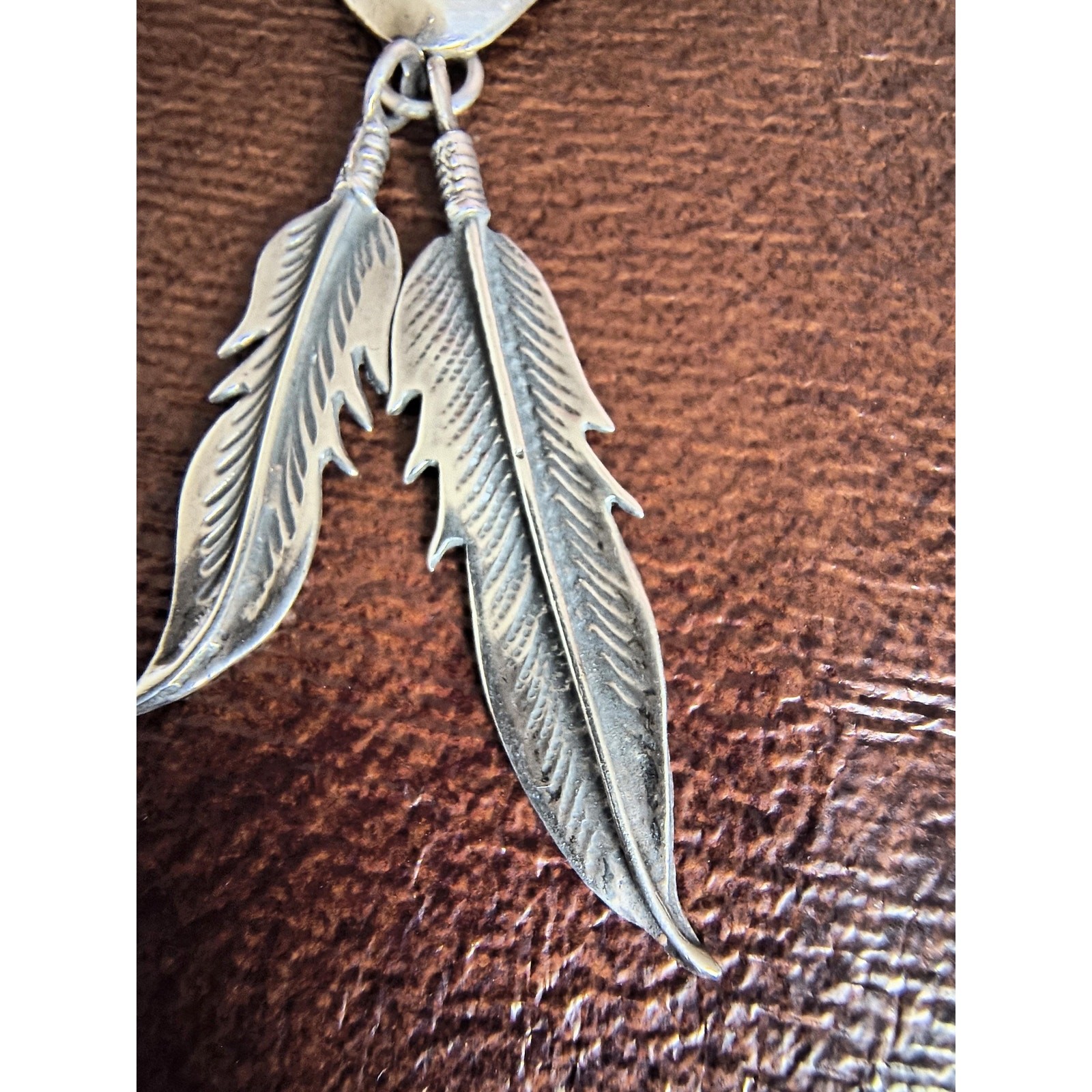 Old Sterling Silver Bear Paw Turquoise Feather Dangle Pendant Necklace 925 Chain