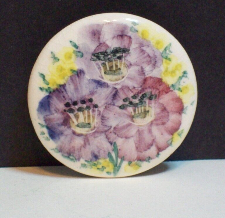 Vintage Purple Flowers Poppy Pin Hand Painted Ceramic Floral Brooch Handmade