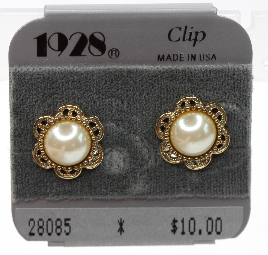 1928 Brand Faux Pearl Cabochon Earrings Ornate Victorian Revival Flower Clip on