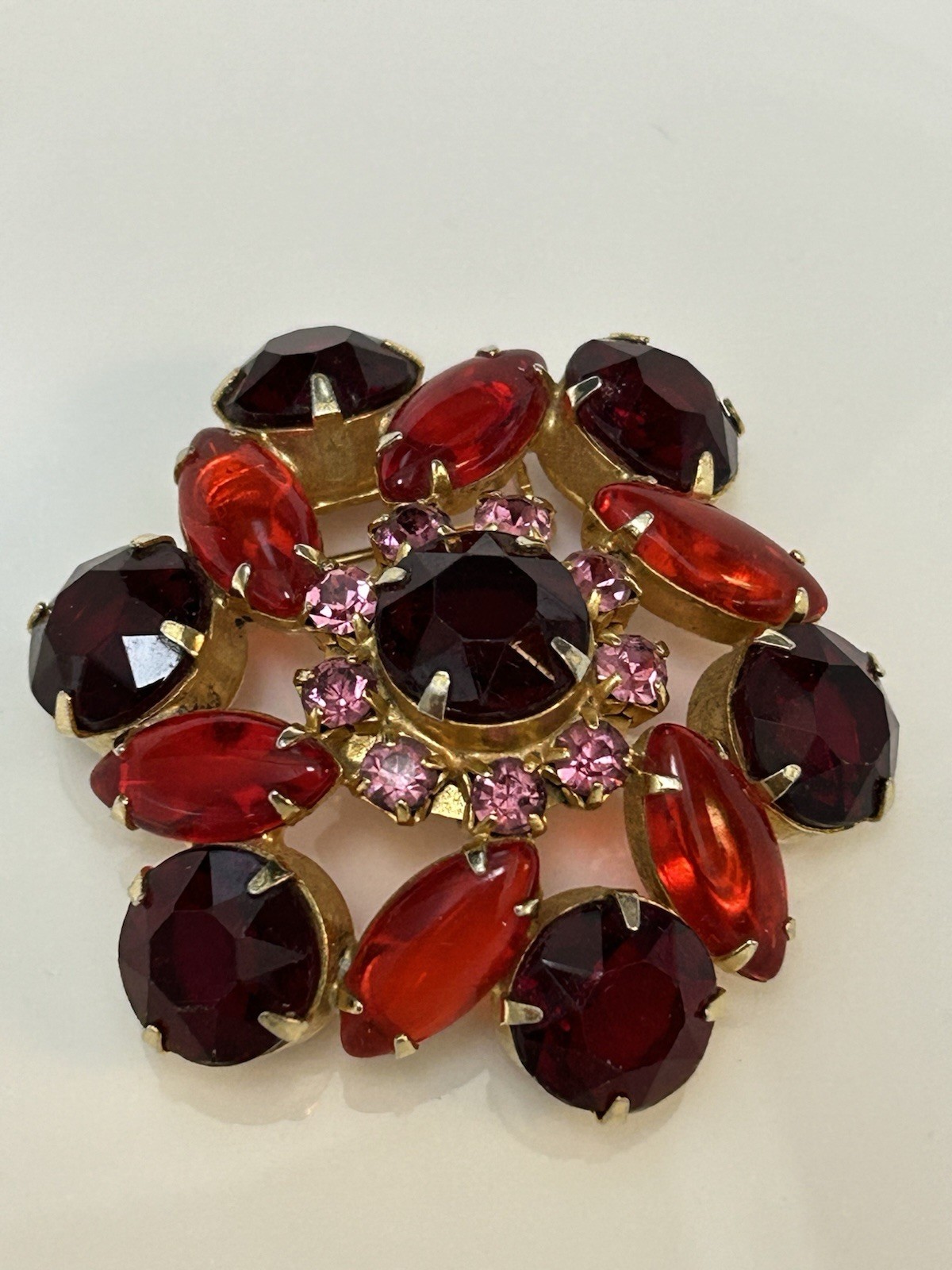 Large Vintage Red & Pink Fuchsia Cluster Rhinestone Flower Dome Gold Tone Brooch