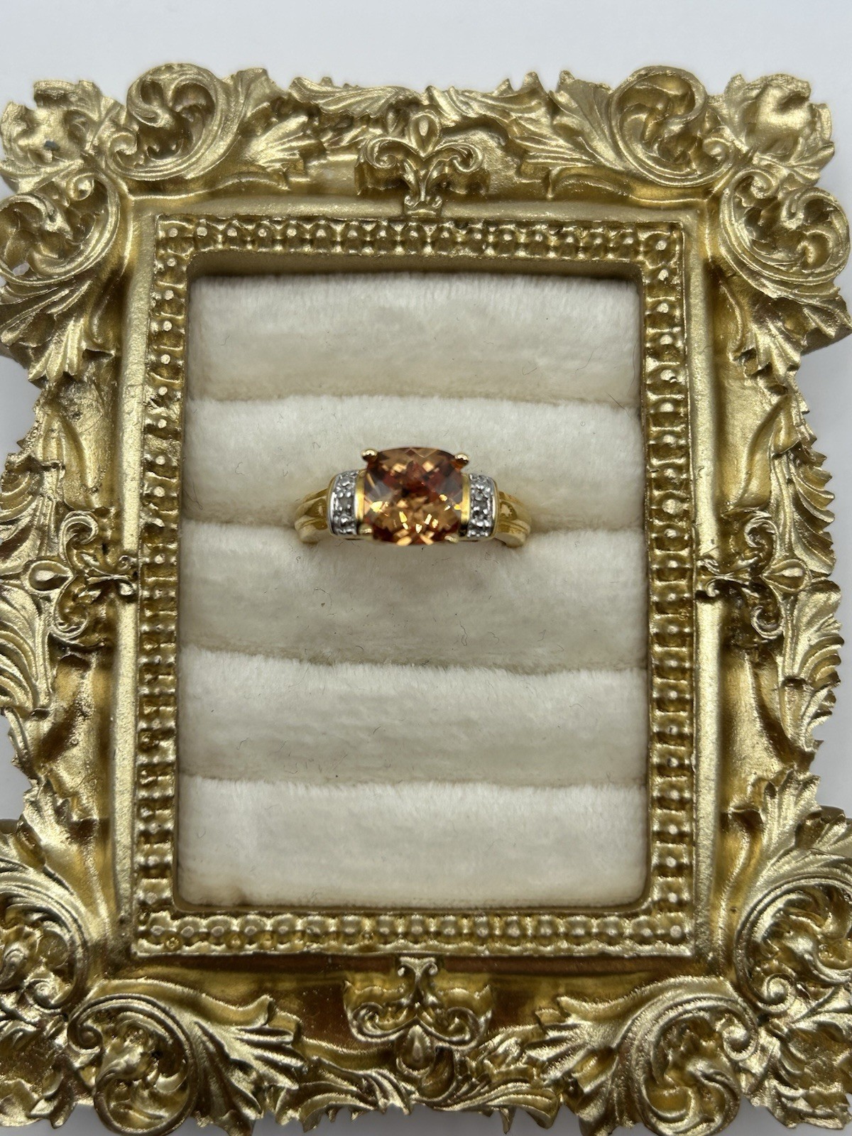 Vintage Gold Tone Cushion Cut Champagne CZ Ring w/ Accents Size 6 Costume
