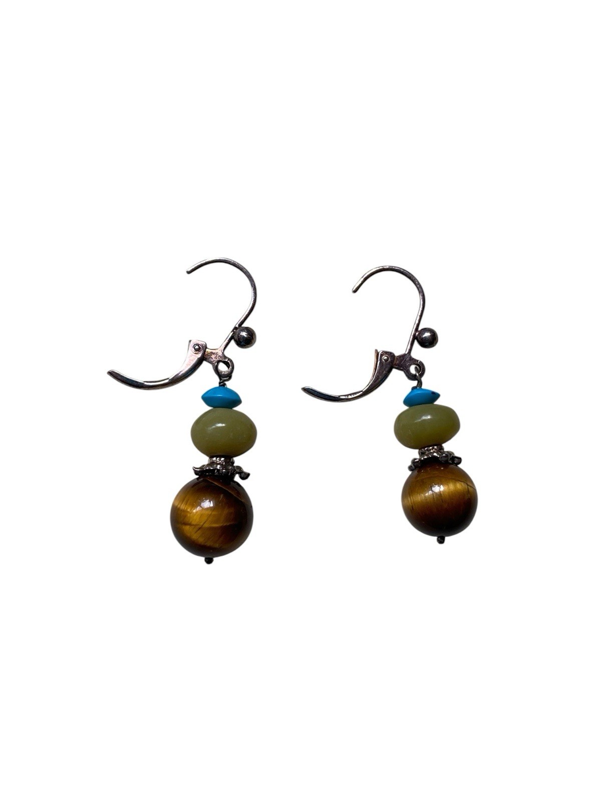 Vintage Tiger Eye Jade Turquoise Dangle Earrings Silver Leverback Drop Boho