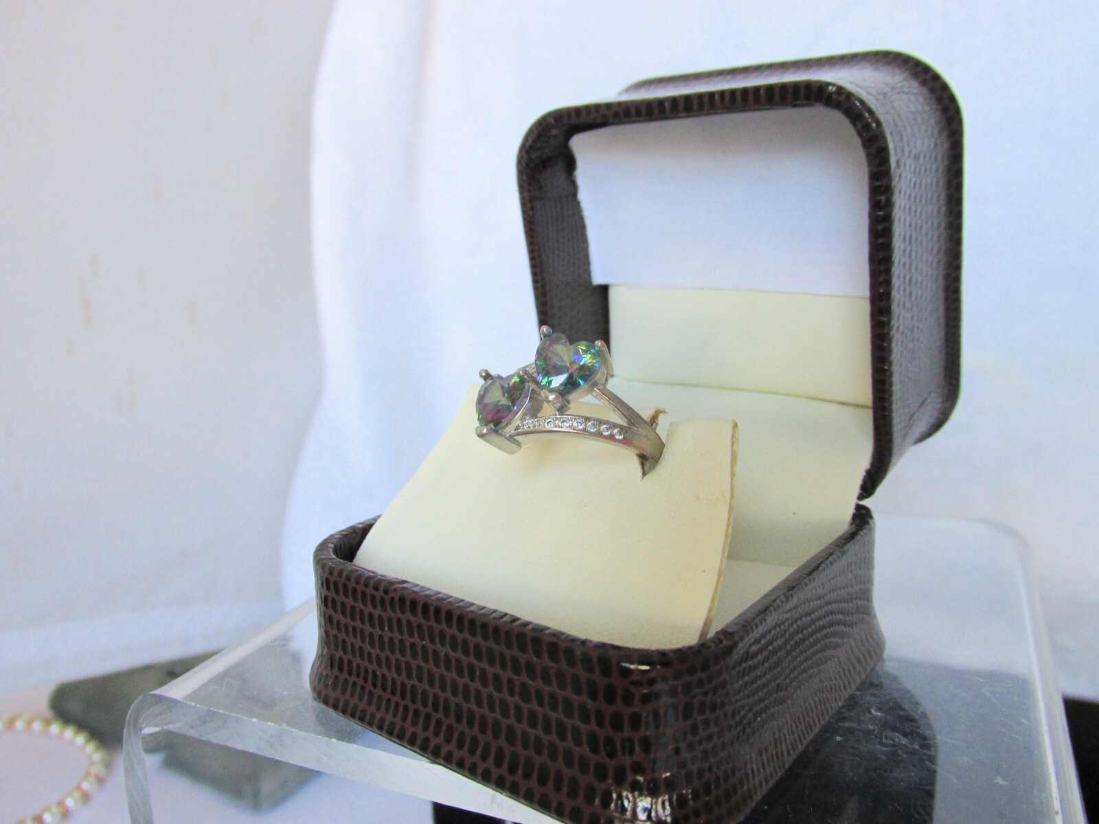 Vintage 925 Sterling Silver Mystic Topaz Double Hearts Ring Signed Sz 6