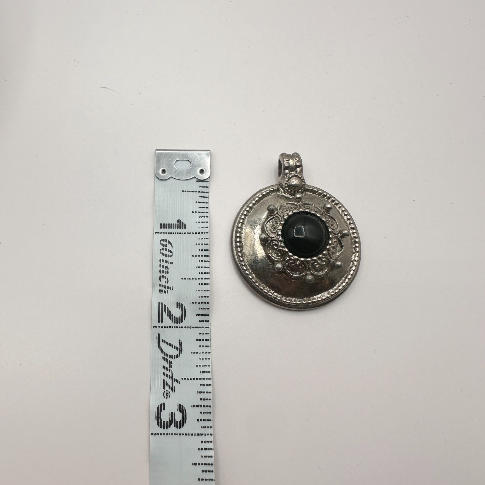 Vintage 90s SilverTone Black Glass Cabochon Shield Pendant Boho Etruscan Jewelry
