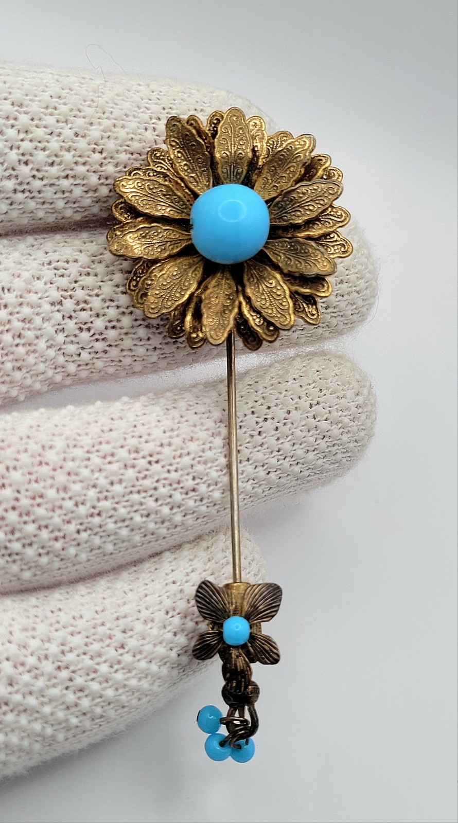 Vtg Miriam Haskell Rhinestone Turquoise Blue Glass Beaded Flower Runway Pin