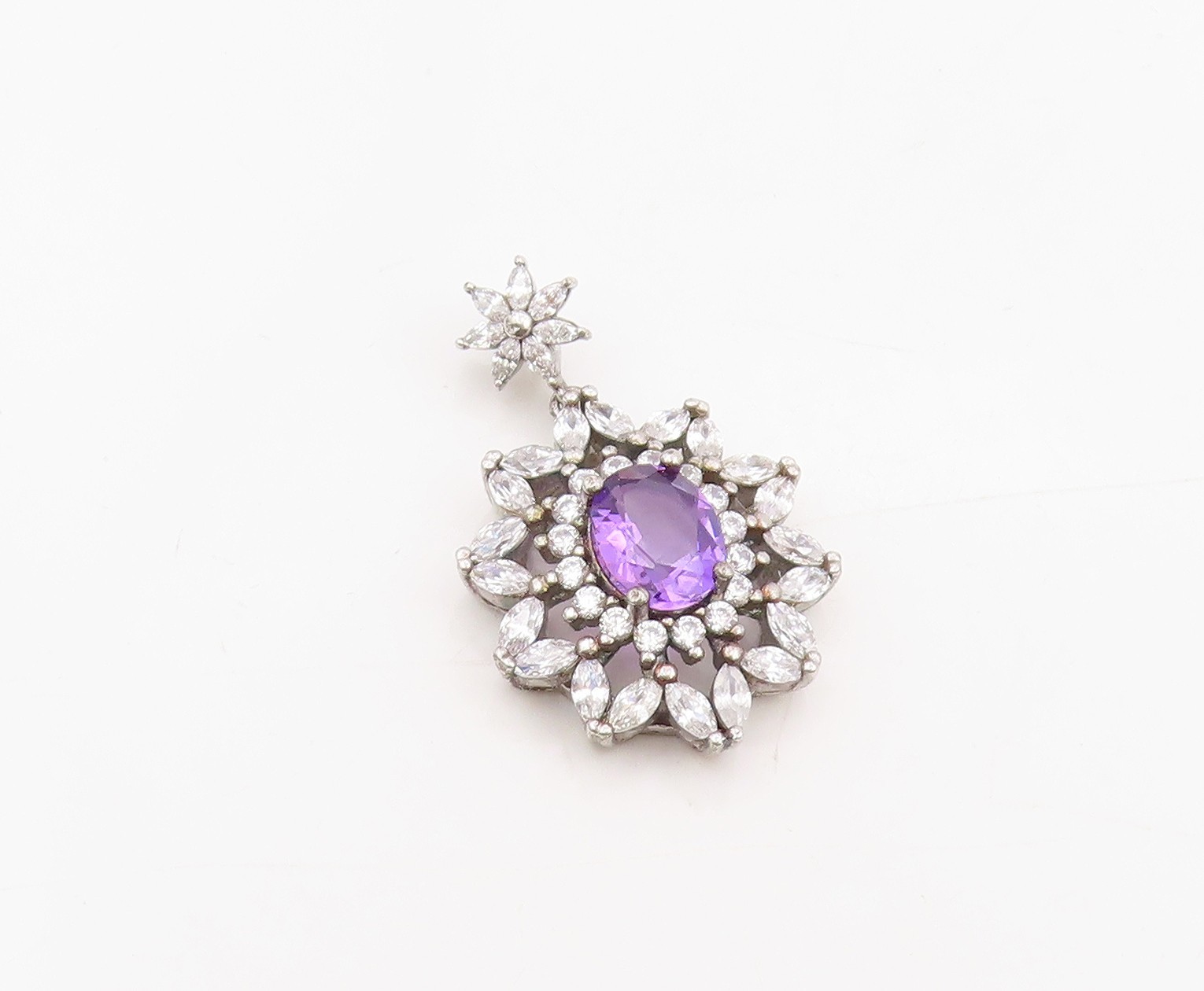 925 Sterling Silver Vintage Pendant Amethyst & Halo CZ Floral Cluster PT25563