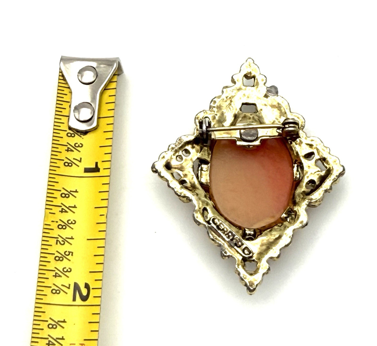 Gerry’s Vintage Cameo Brooch Pin Gold Tone Orange Cream Woman Holding Bird 2″ *