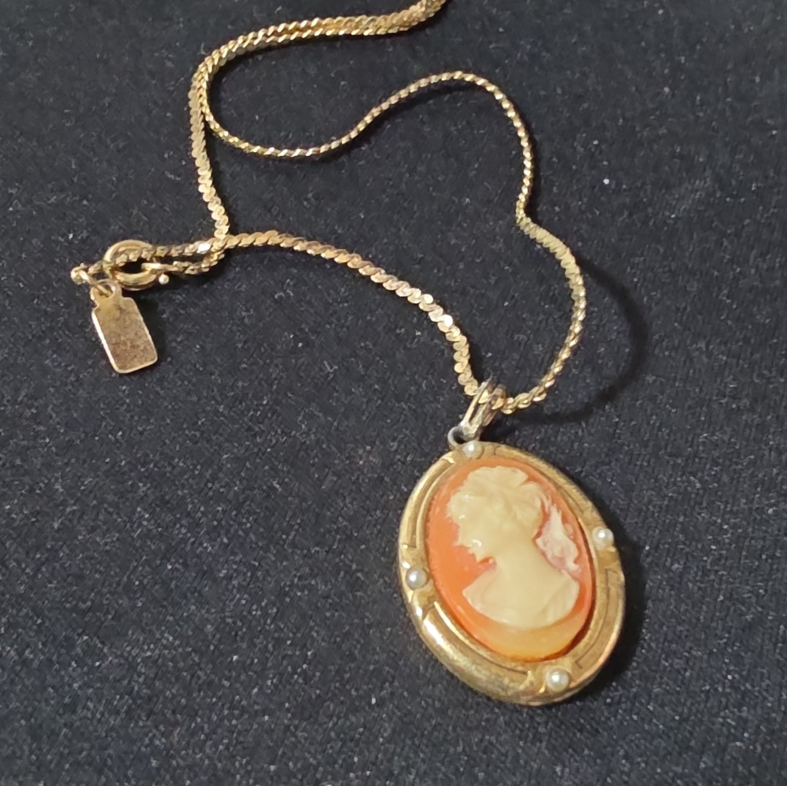 Oval Cameo Portrait Pendant Necklace, Gold Tone Setting, Orange & Cream