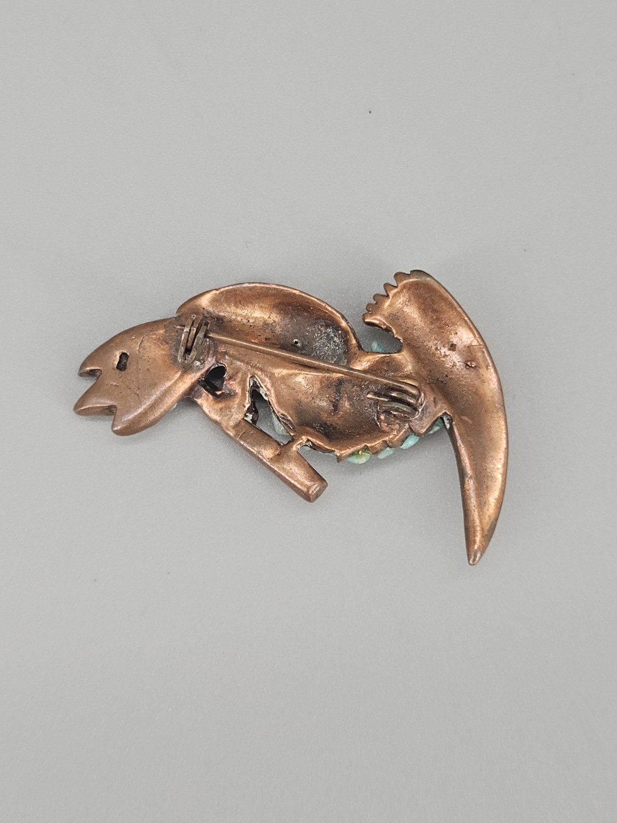 Vintage Copper Toucan Turquoise Chip Inlay Brooch MCM Jewelry Pin