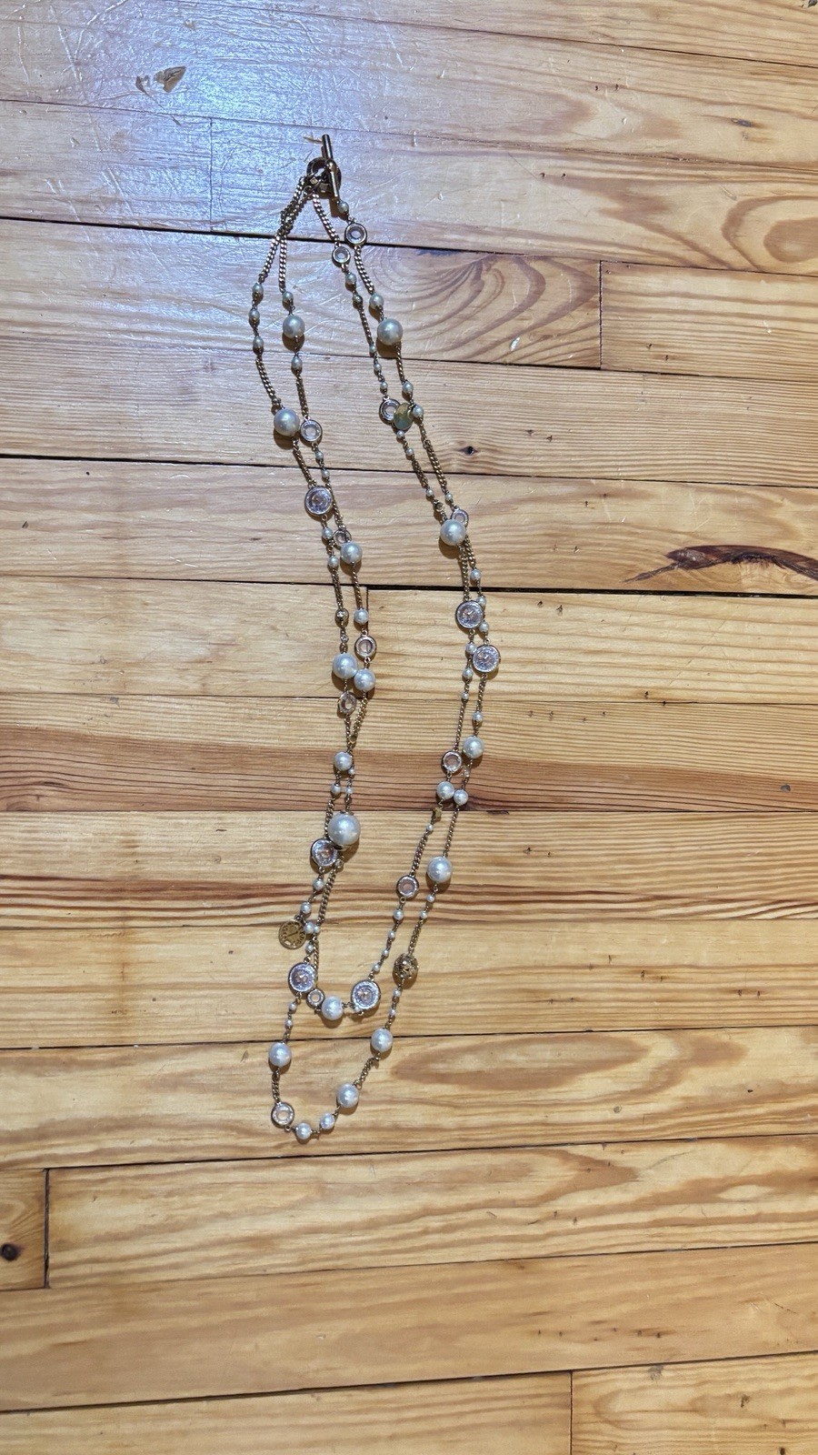 Vintage Signed Henri Bendel 2 Strand Faux Pearls Crystal Station Necklace 42”