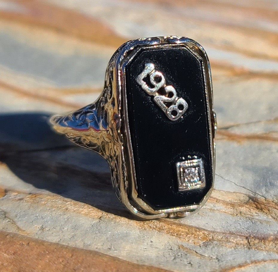 Antique 1928 Art Deco 14K White Gold Diamond Black Onyx Shell Cameo Flip Ring