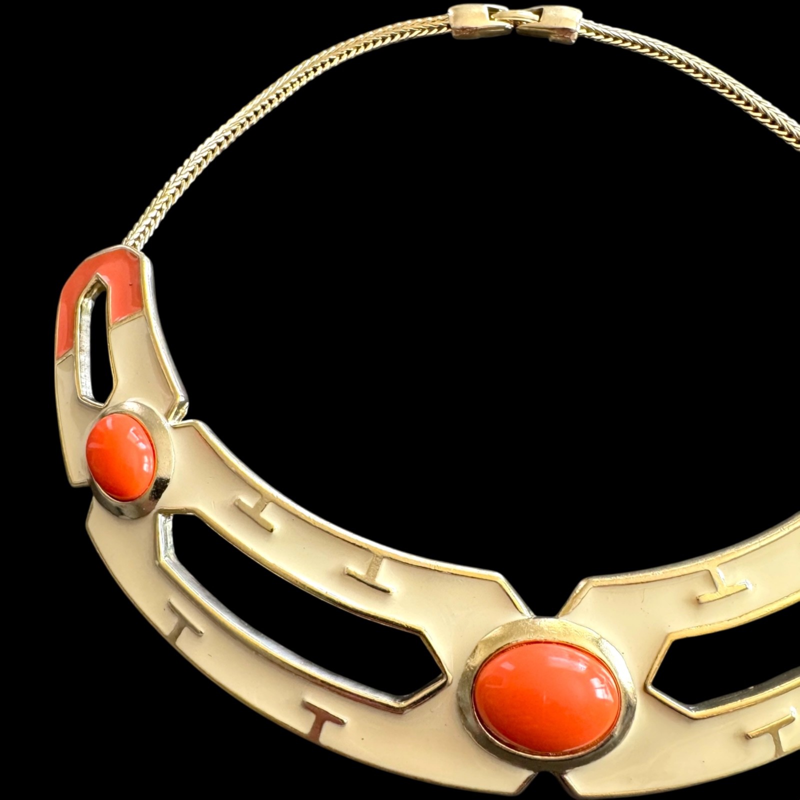 Vtg Collar Choker Necklace Orange Cabochon Gold Cream Enamel Chunky Statement