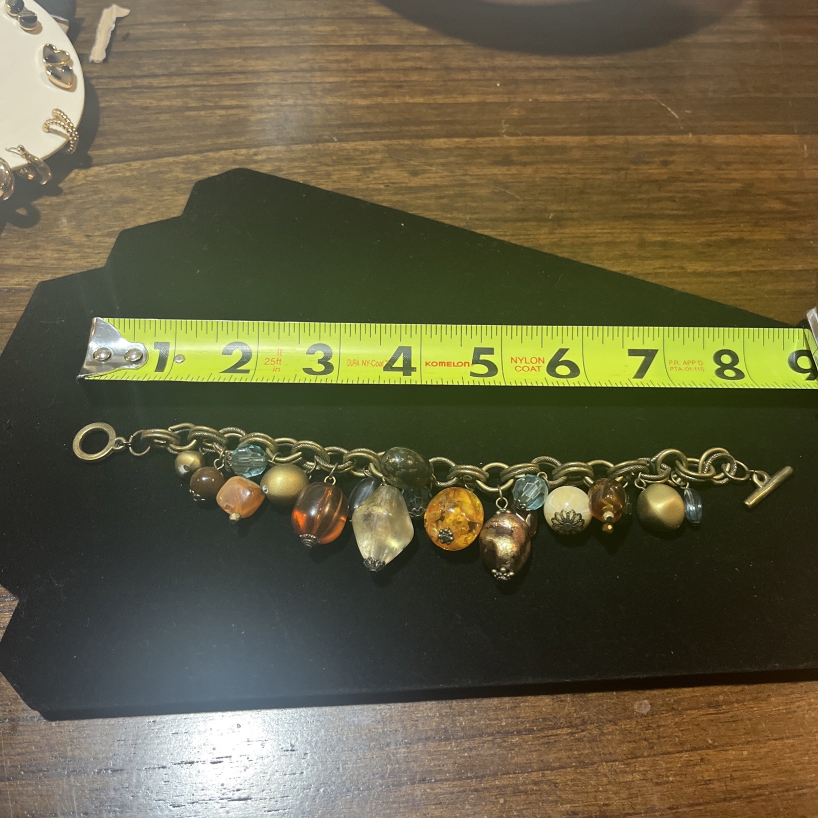 Vintage Bronze Color Faux Gemstone Resin Beads Charm Bracelet Toggle Closure 8”