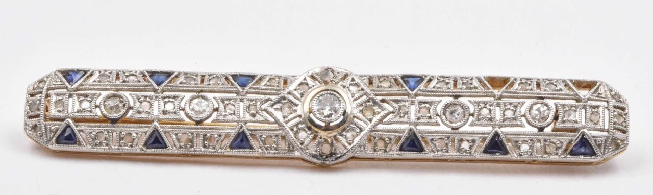 Antique 18ct Platinum Top Mined Diamond & Sapphire Art Deco Bar Pin circa 1920