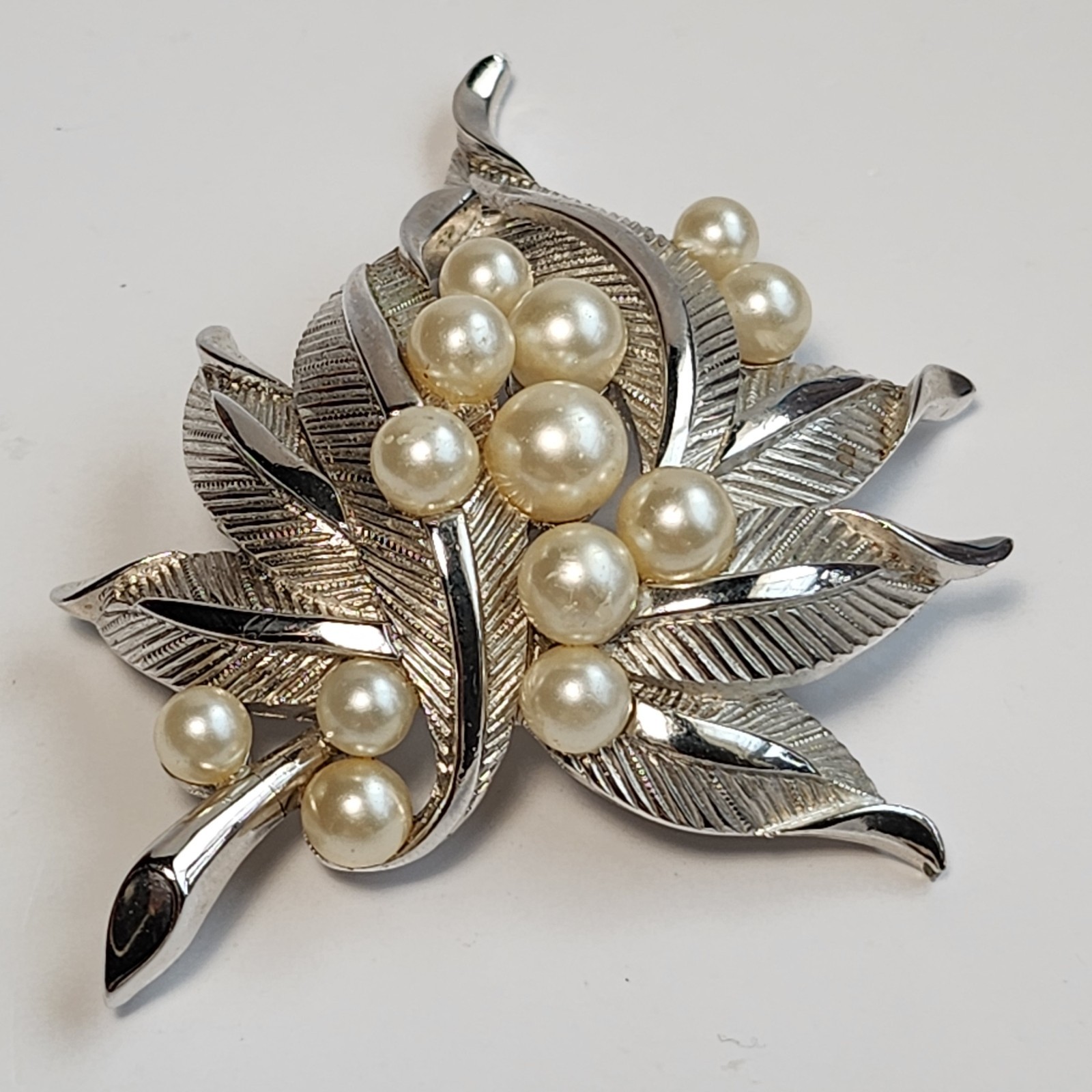 Vintage Crown Triffari Brooch Silver Tone Faux Pearl Cluster Brooch Pin