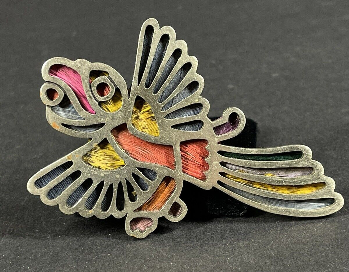 Vintage Los Castillo Pluma Azteca Exotic Silver-plated & Feather Bird Brooch