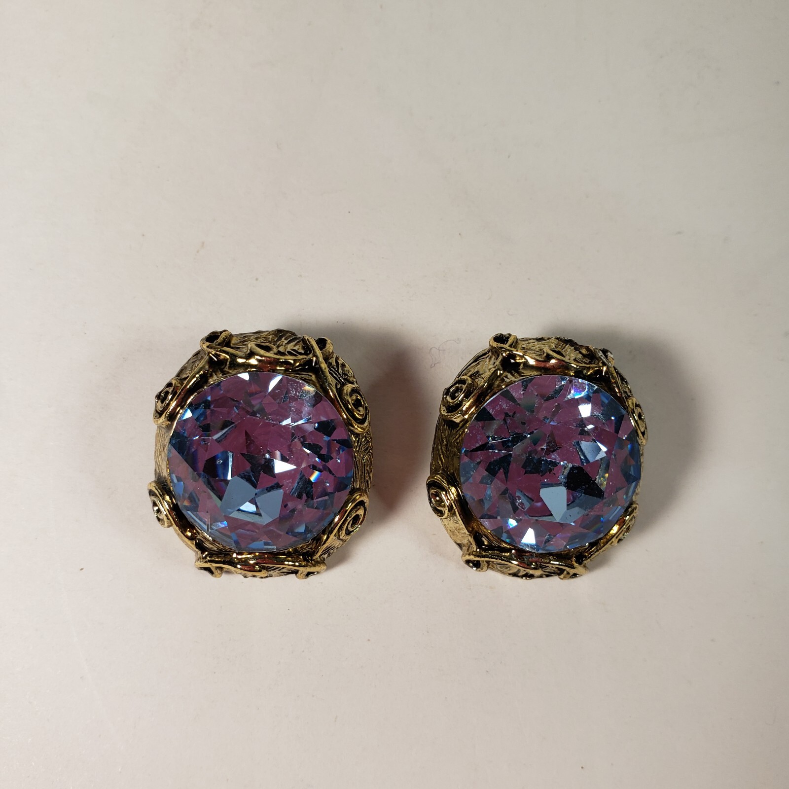 Vintage Light Blue Stone In Gold Like Setting.Clip On Earrings