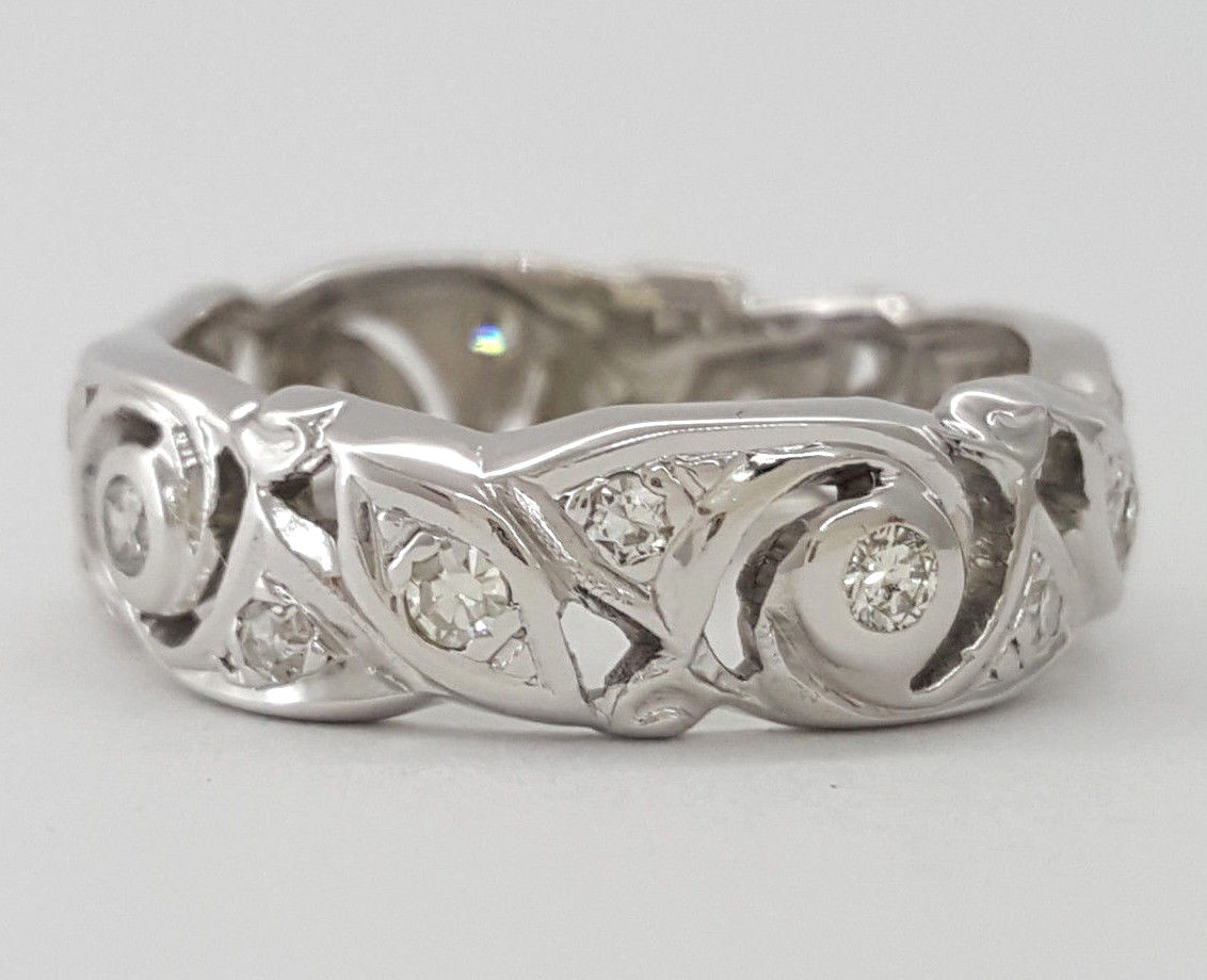 Antique Natural Round Diamond Flower Band Ring 14K White Gold 0.35 ct 6.5 mm