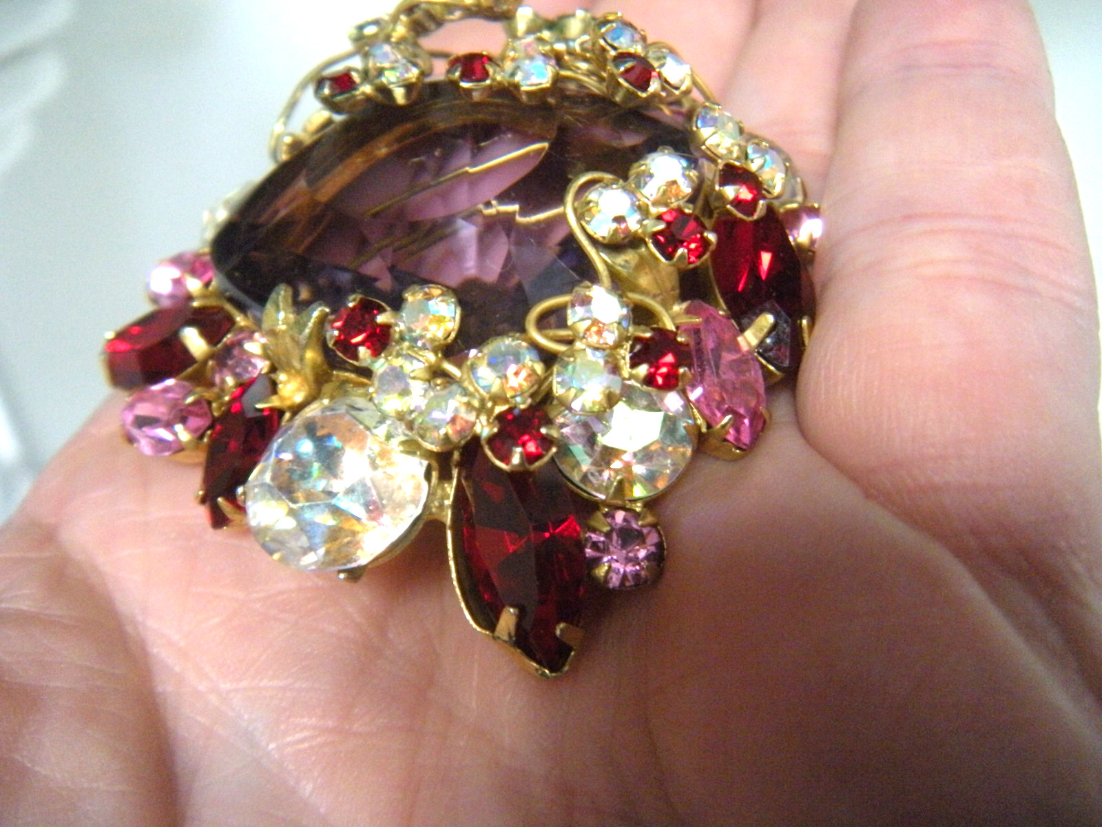 JULIANA Purple Pink Red Rhinestone Vintage Brooch Earring Set