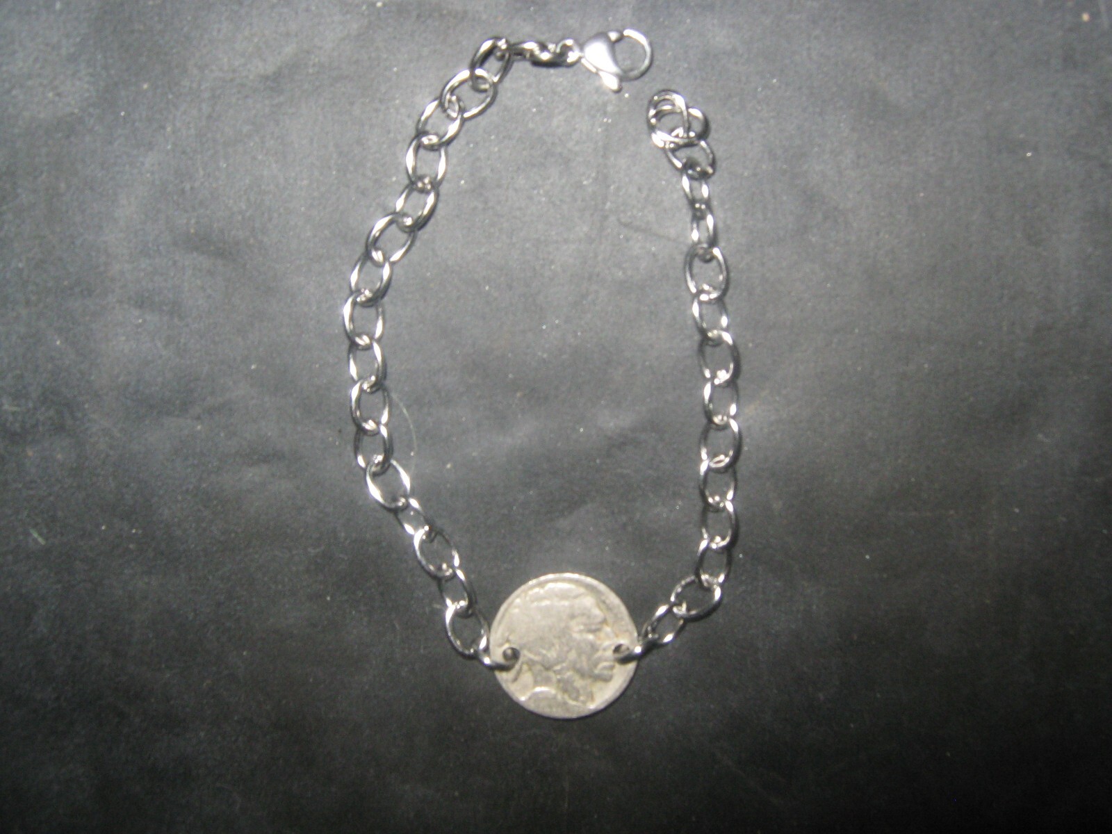 Vintage Stainless Steel Indian Buffalo Nickel Link Silver Coin Charm Bracelet