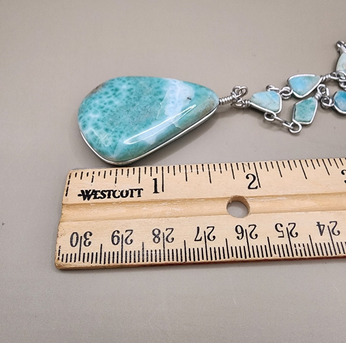 Massive Natural Larimar Teardrop Pendant Necklace Wire Wrapped Freeform Links