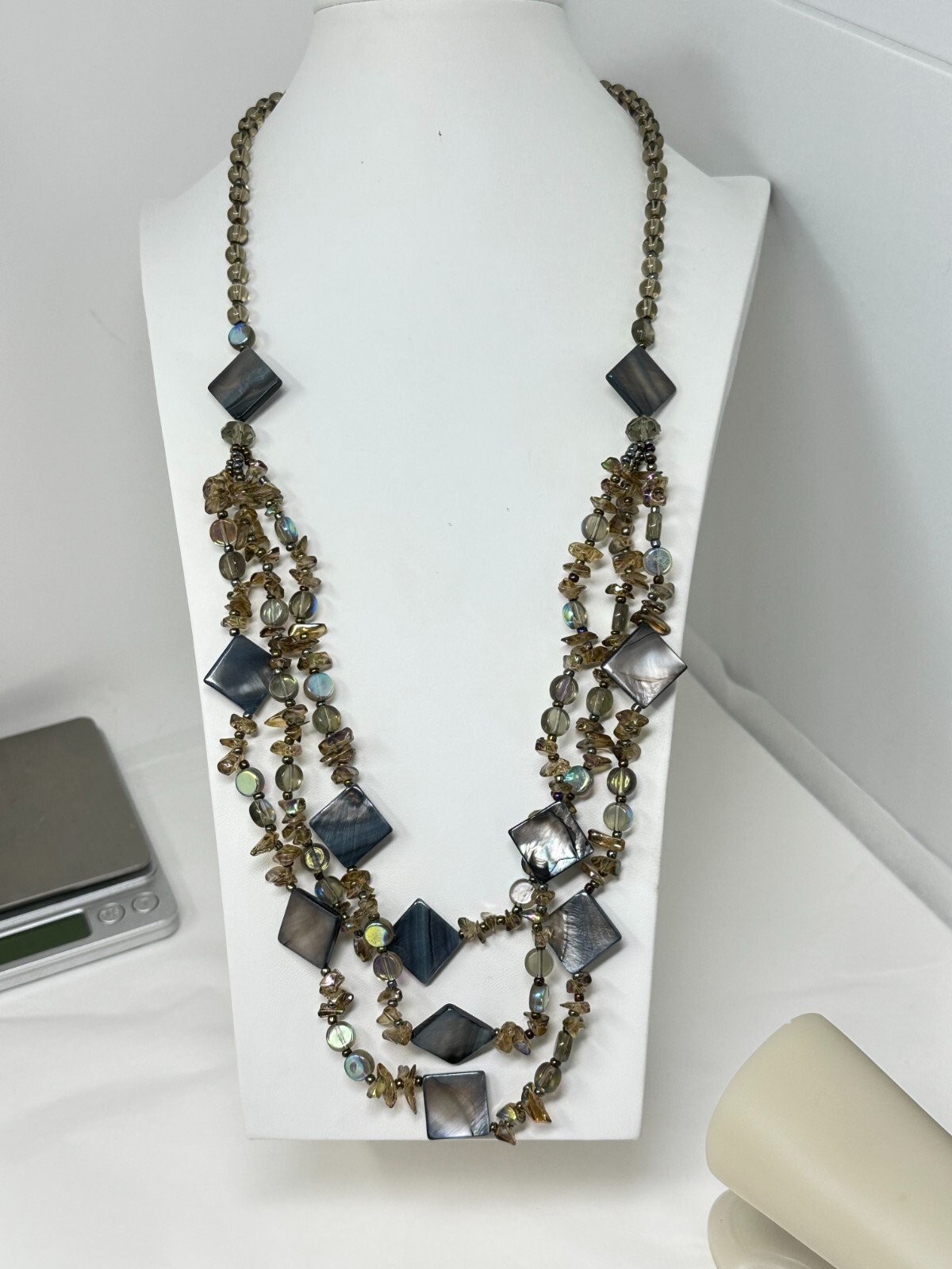 Gorgeous 3-Strand Gray Mother of Pearl and Iridescent Glass Bead 30″ Necklace