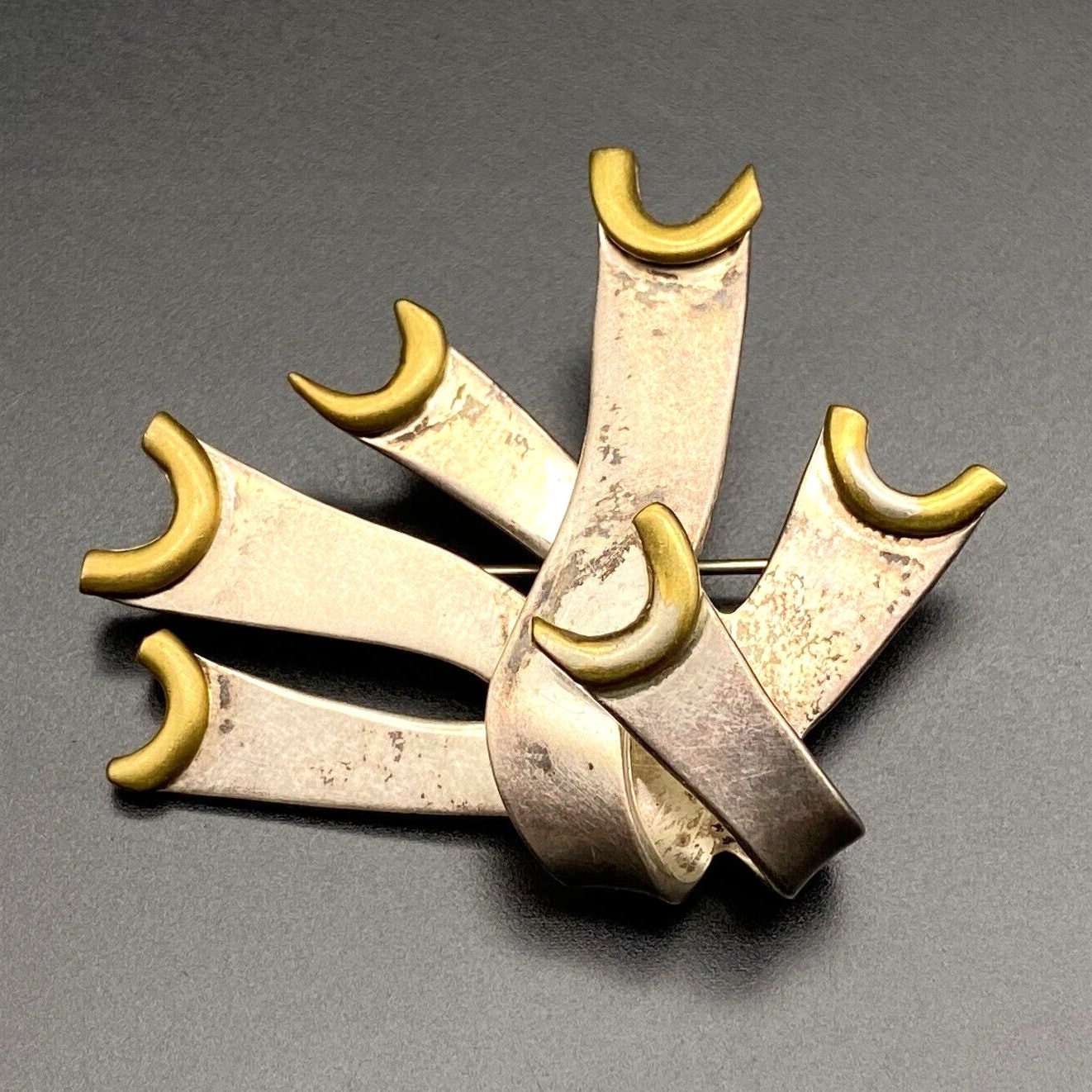 Vintage Modernist Abstract Mixed Metal Sterling Silver Brass Pin Brooch