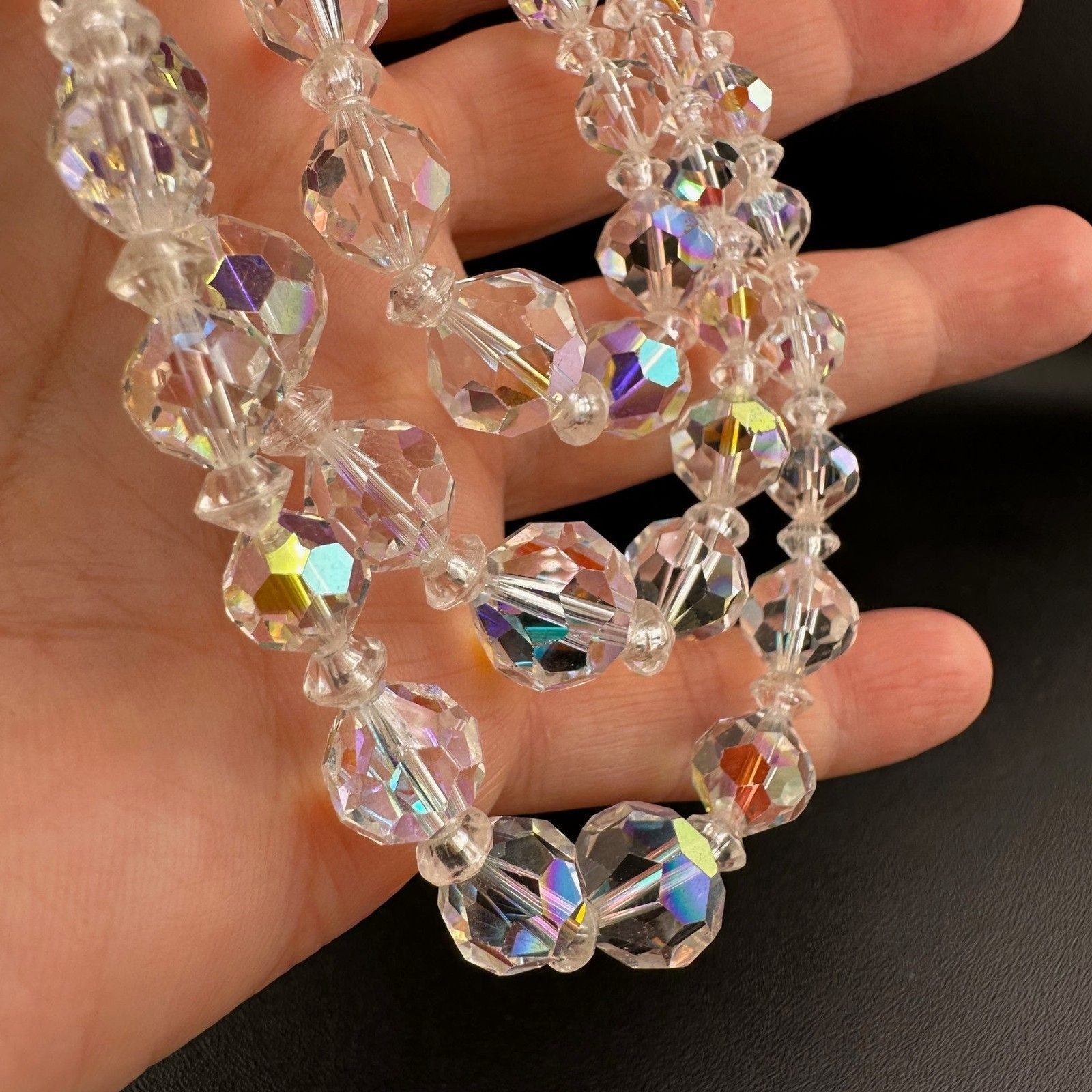 Vintage Aurora Borealis Necklace Crystal Faceted Three Strand Adjustable Hook