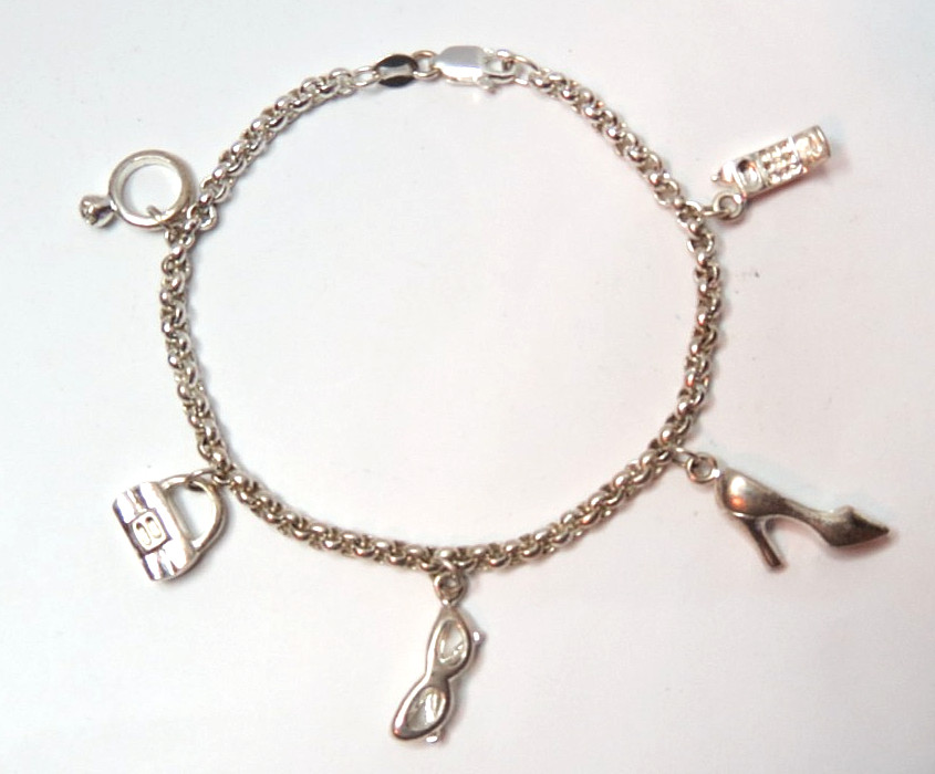 VTG 925 STERLING SILVER PURCE GLASSES PHONE RING SHOE CHAIN CHARM BRACELET 13gr