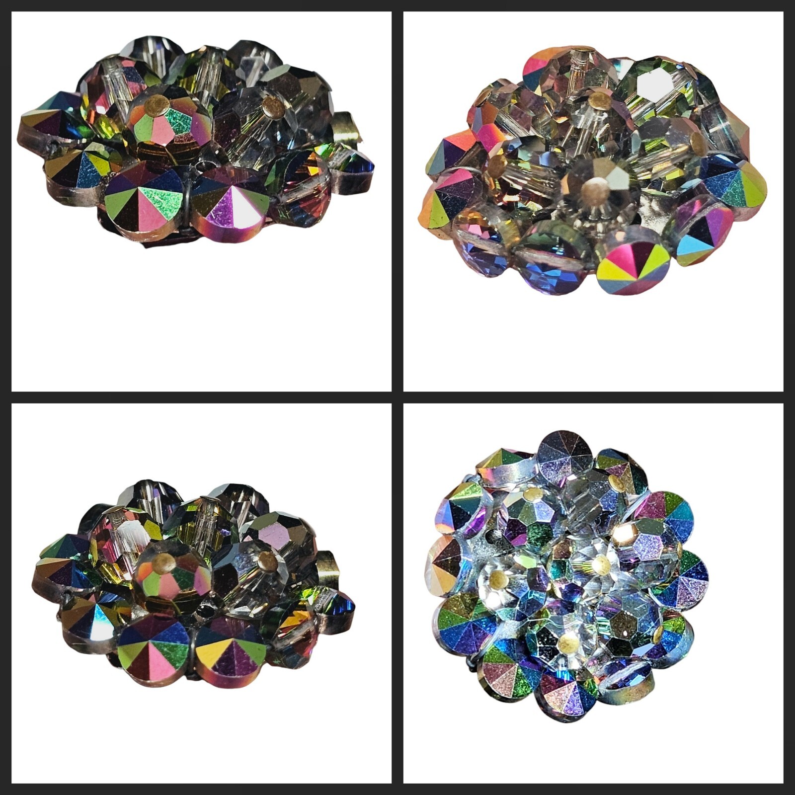 2 Pairs Vtg Aurora Borealis Iridescent Crystal Bead Cluster Clip Earrings 1 Red