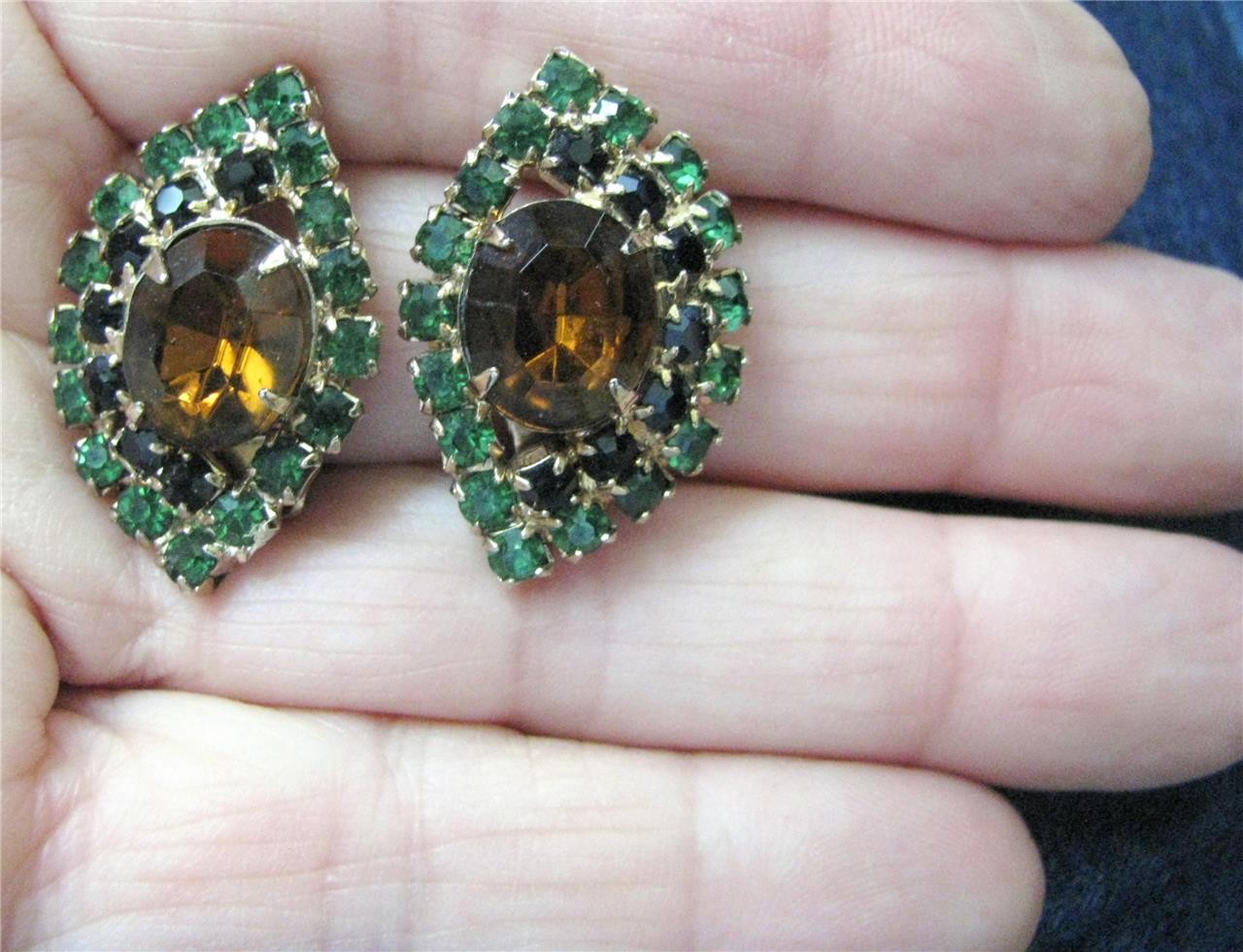 Juliana Delizza Elster D & E Rhinestone Crystal Earrings Topaz Green Black Oval