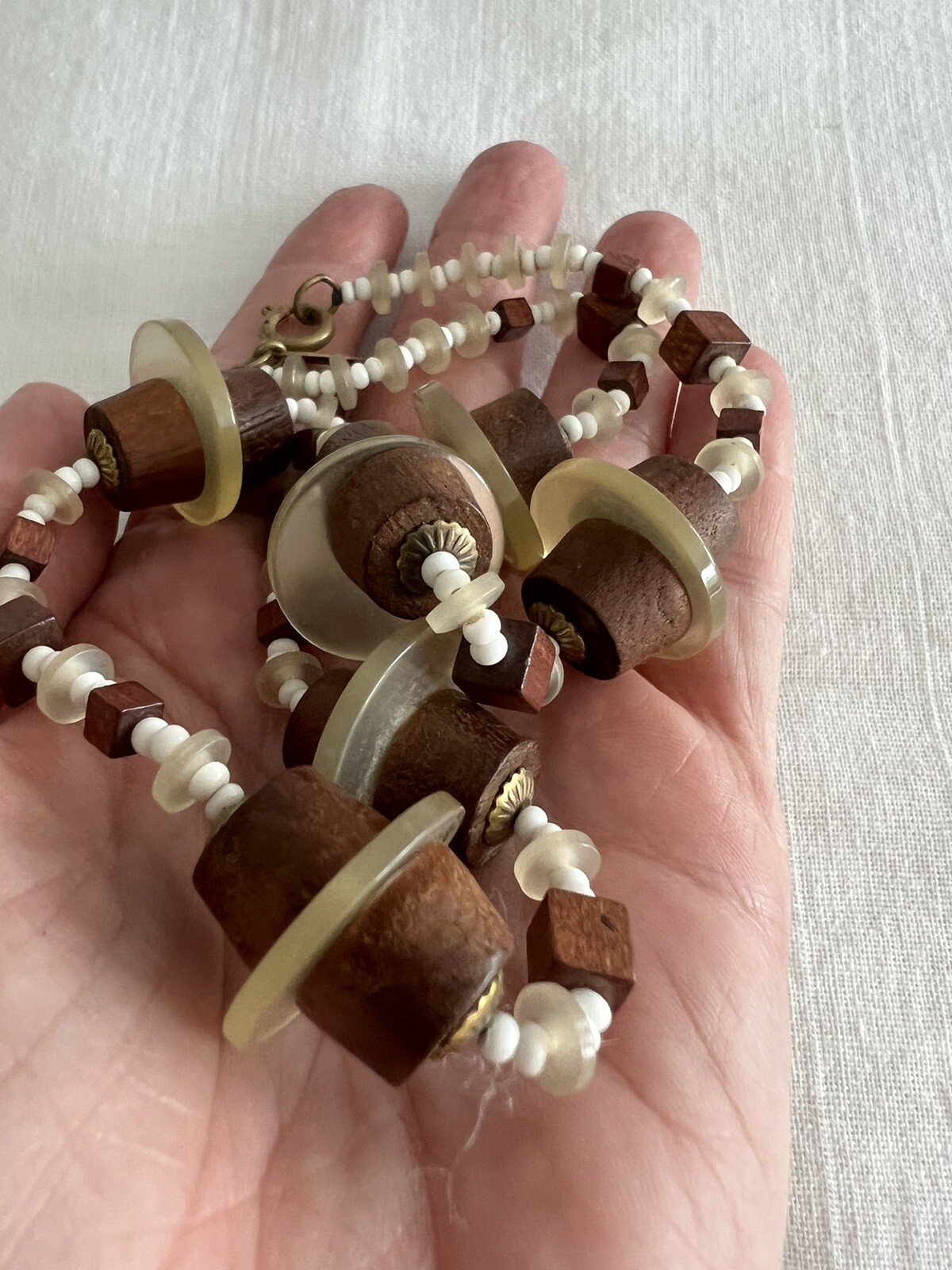 Vintage MIRIAM HASKELL Seed Bead, Wood and Lucite Disc Necklace Signed 19″ Long