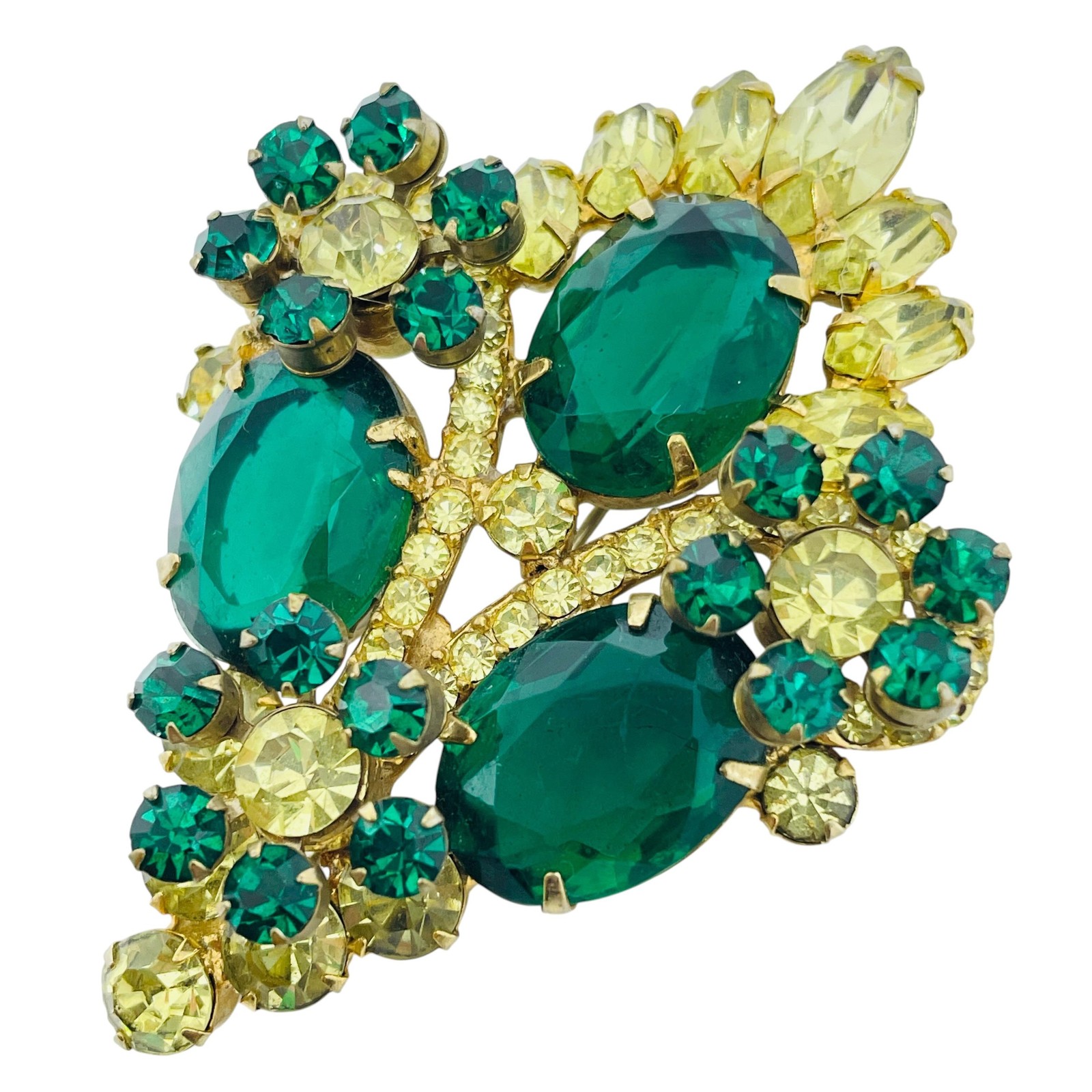 Vintage gold tone emerald green rhinestones flowers designer brooch earrings set