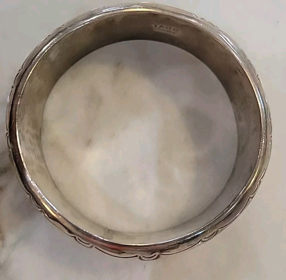 Vintage Signed TAHE Navajo Stamped 1″ Wide Cuff Bracelet Sterling Silver 64 Gram