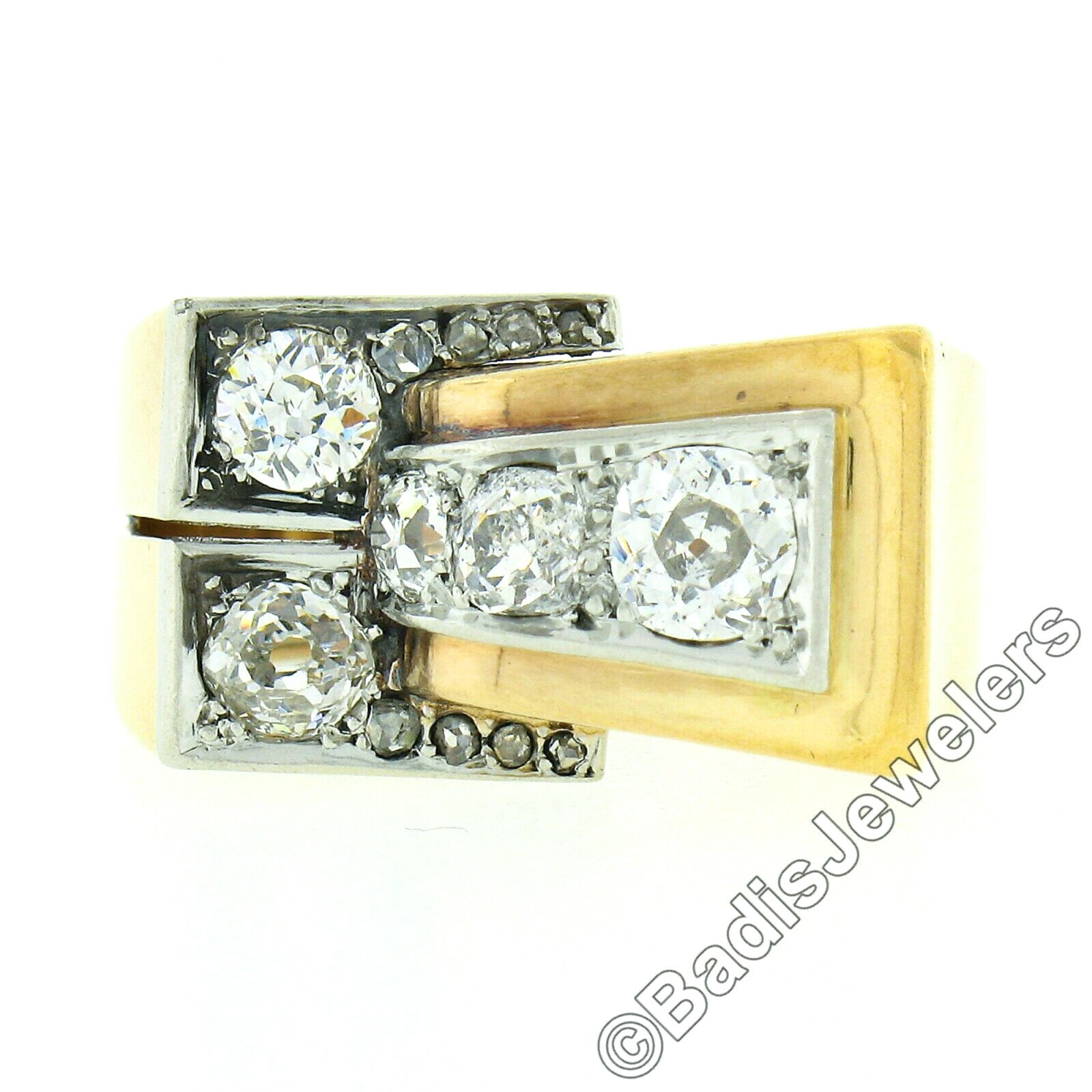 Unisex Antique Victorian 18k Gold & Platinum 1.24ctw Old Cut Diamond Buckle Ring