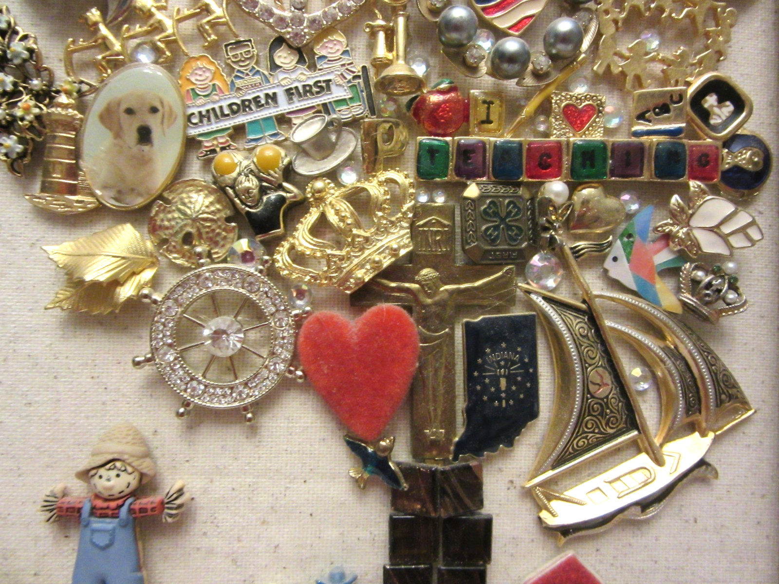 Vintage Jewelry Art Tree of Life Gold Tone Framed, All Different Costume Jewelry