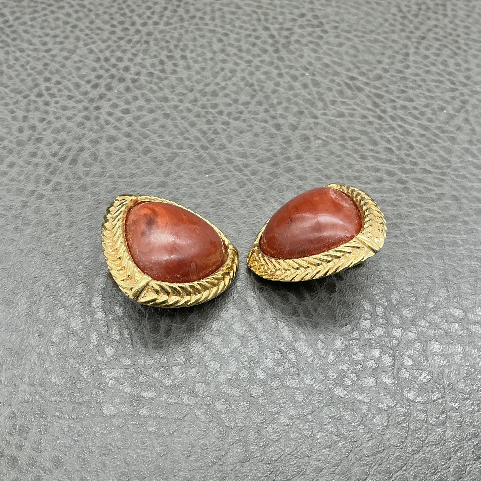 Vintage Monet Clip-On Earrings Gold Tone Wreath Red Cabochon Trillion Statement