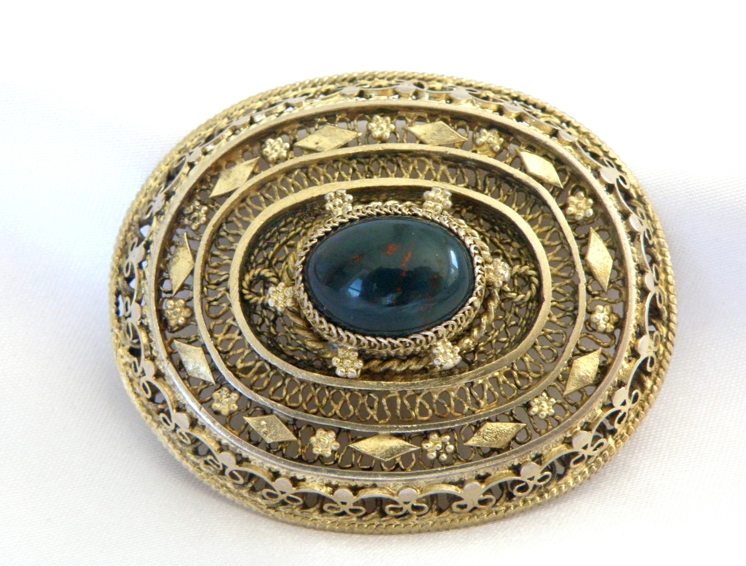 Vintage Silver Gold Plated Natura Bloodstone Large Filigree Brooch