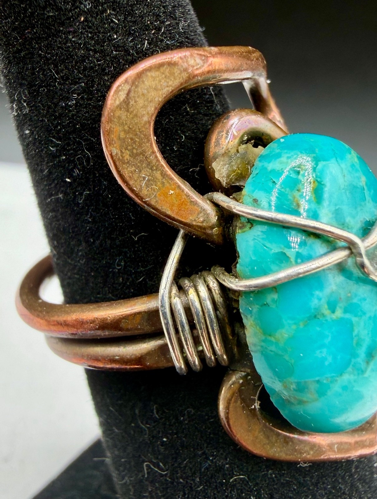 Artisan Mixed-Metal Copper Turquoise Wire Sterling Silver Wrapped Ring Sz 6