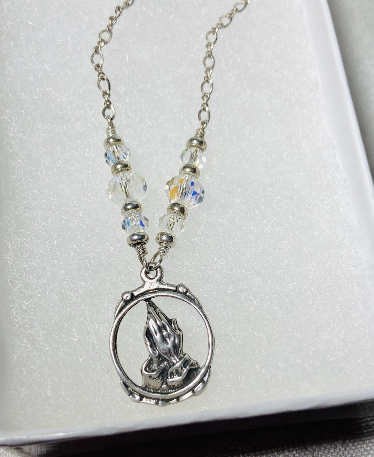 Vintage 925 Sterling Silver Praying Hands Necklace Aurora Crystal Beads 16”