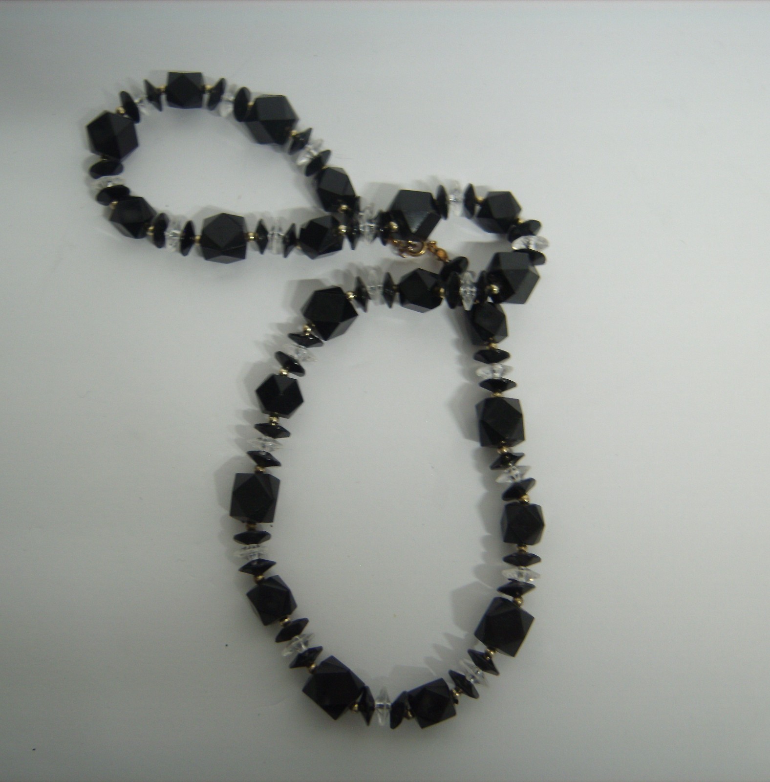 RETRO Black Acrylic Faceted Bead Necklace 24″ Long Art Deco Style Plastic