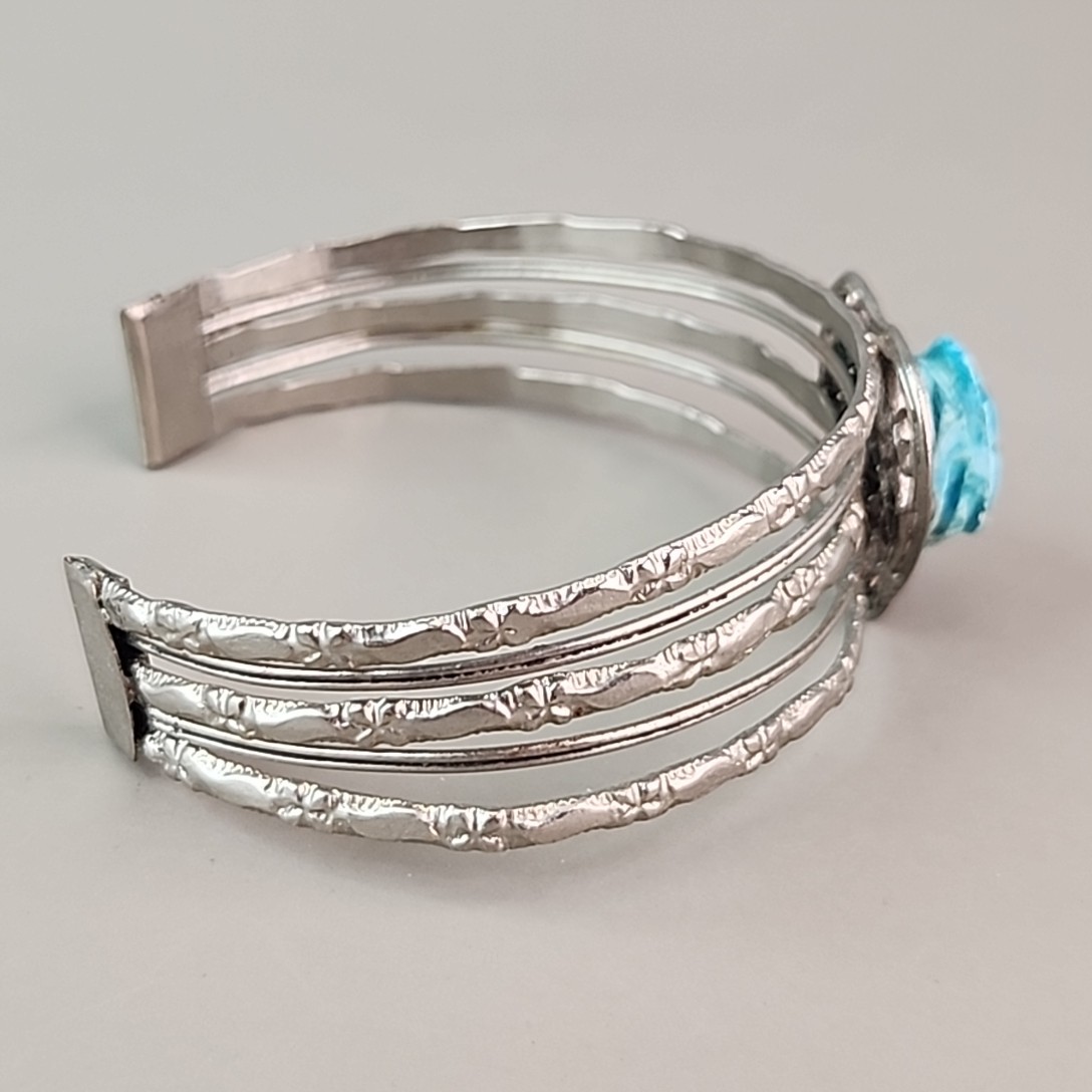 Scarab Cuff Bracelet Faience Blue Clay Wire Heart Silver Tone 7.75″
