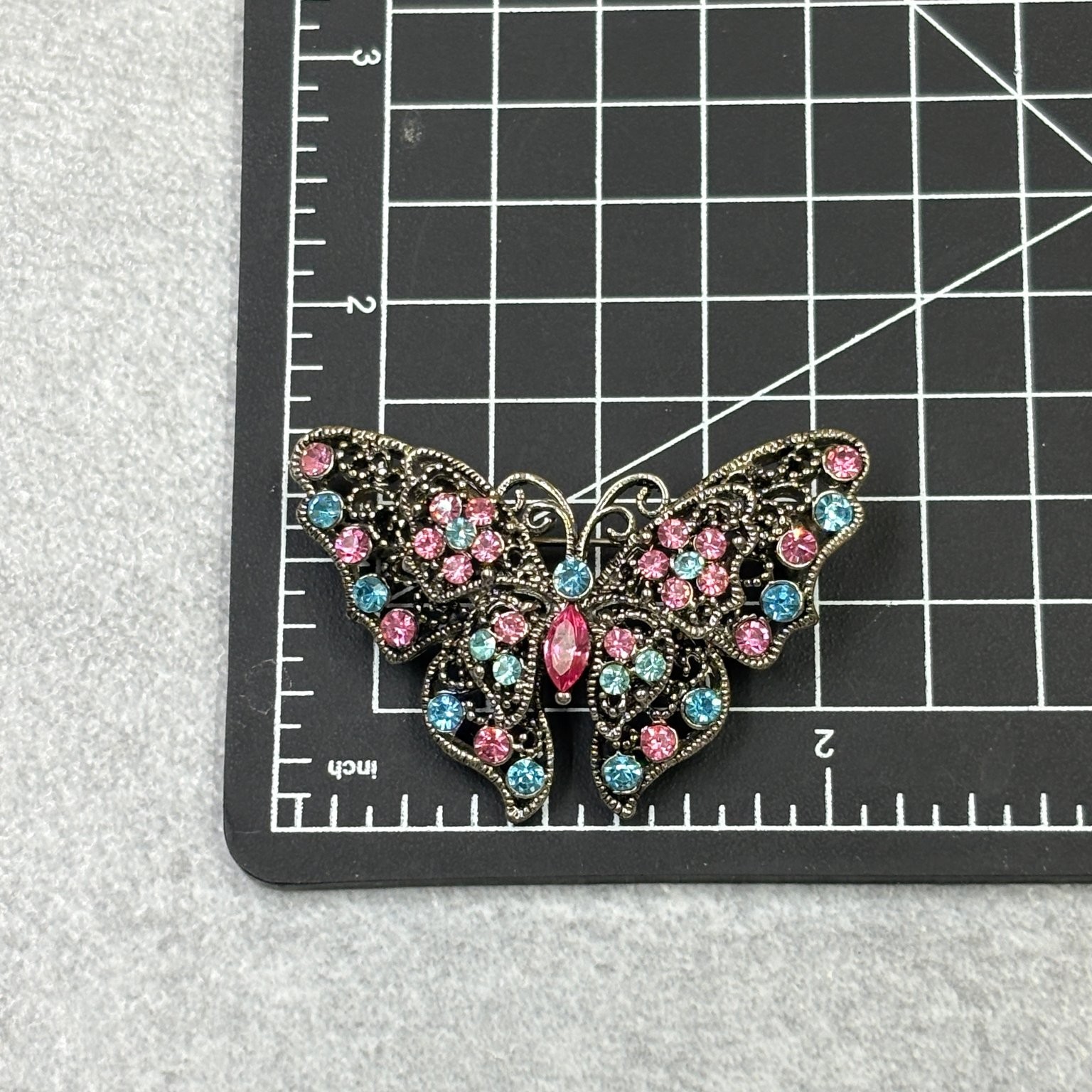 Vintage Butterfly Filigree Silver Tone Brooch 2″ x 1.5″ Rhinestone Multi-Color