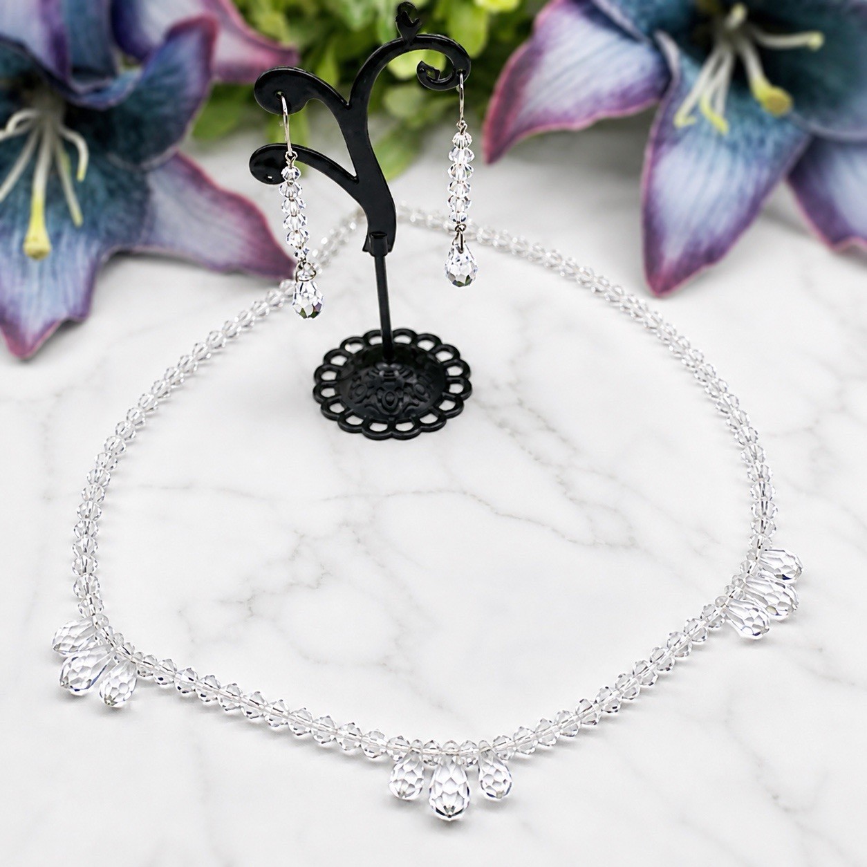 Elegant Clear Glass Faceted Crystal Teardrop Necklace & Earrings Set