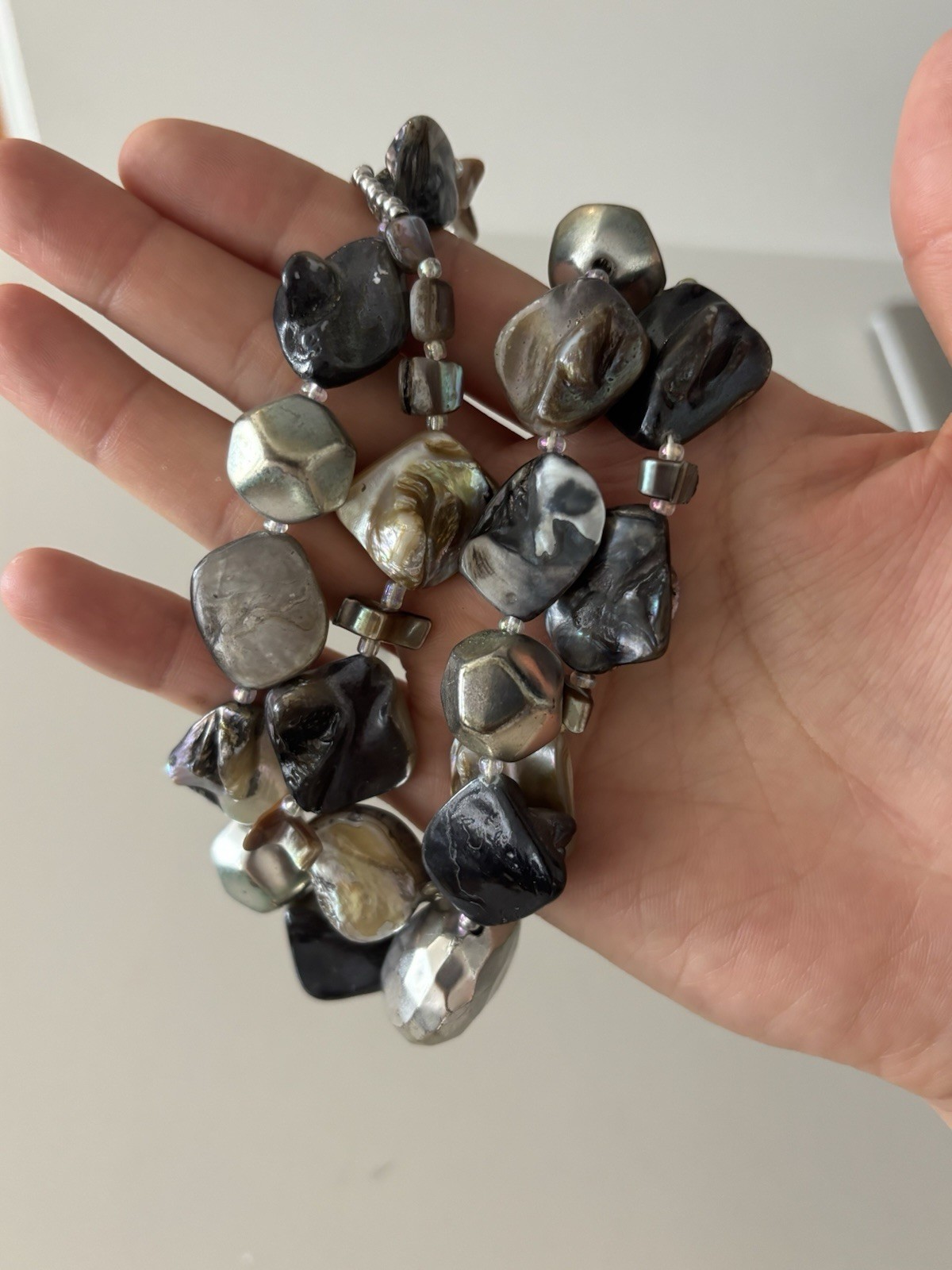 Vintage Artisan Layered Necklace Set Mother of Pearl Shell Gunmetal Beads
