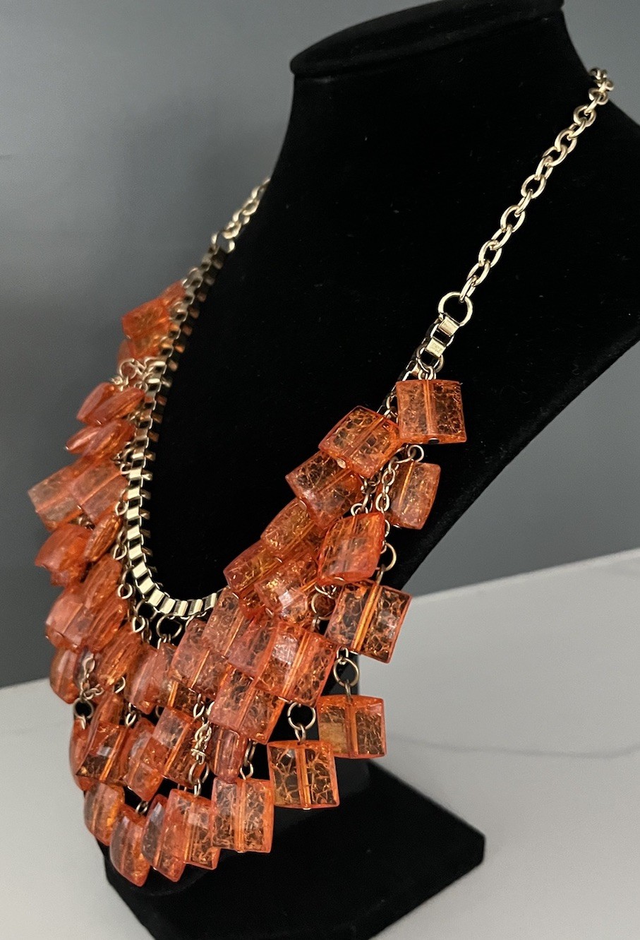 Vintage Orange Beaded Layered Bib Necklace Boho Retro