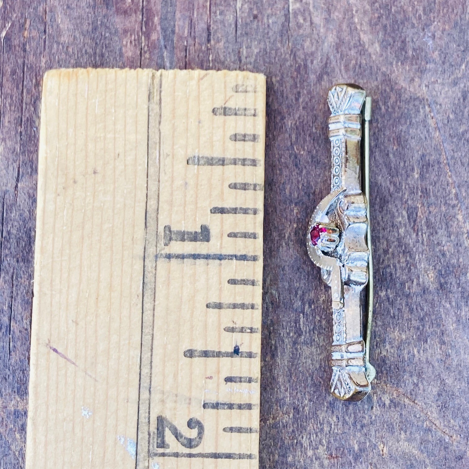 Antique Miniature Bar Brooch Pin with Ruby Red Gemstone Fashion Doll Gift #1183