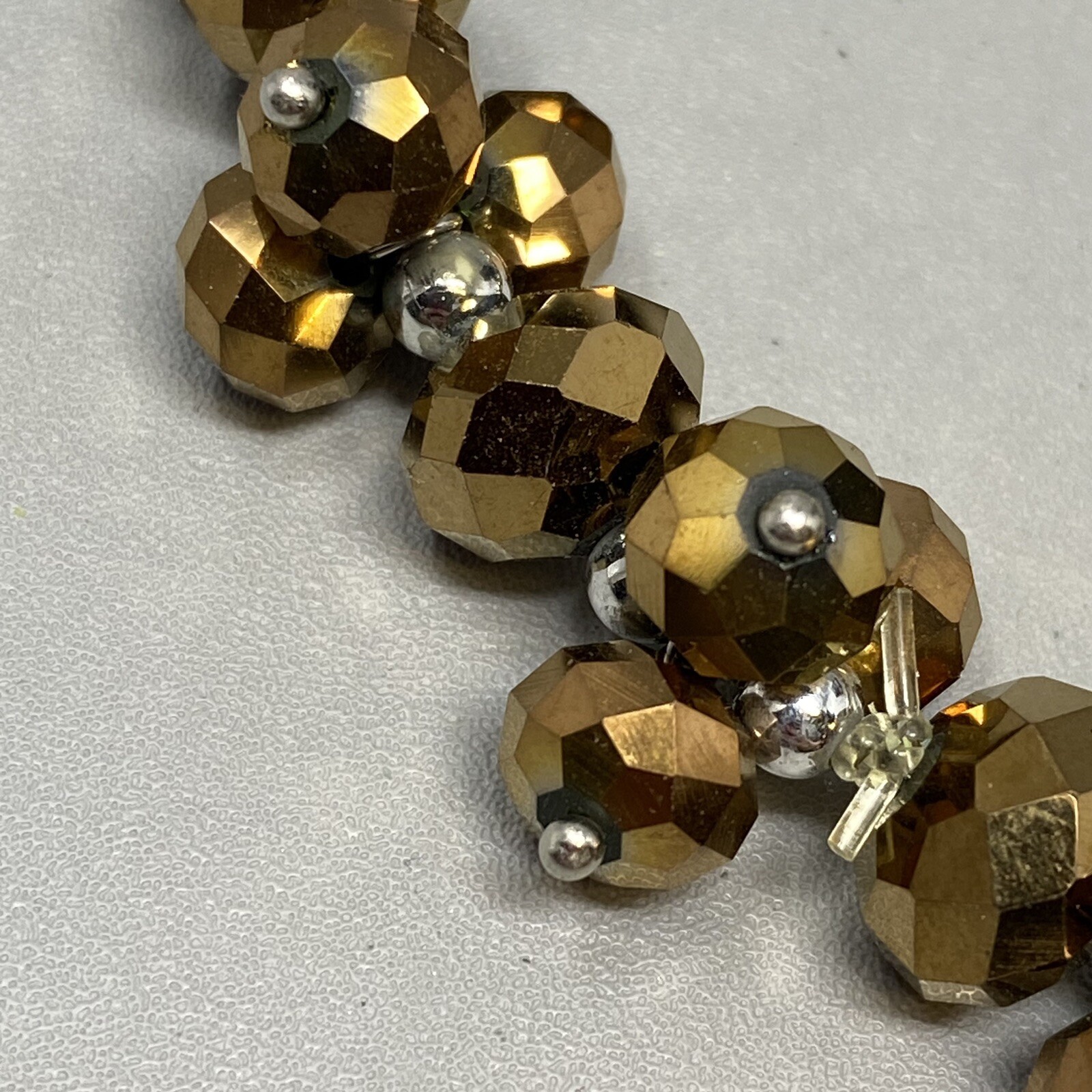 Stretch Bead Bracelet Gold Faceted Glass Cluster Fire Polished Iridescent 7″