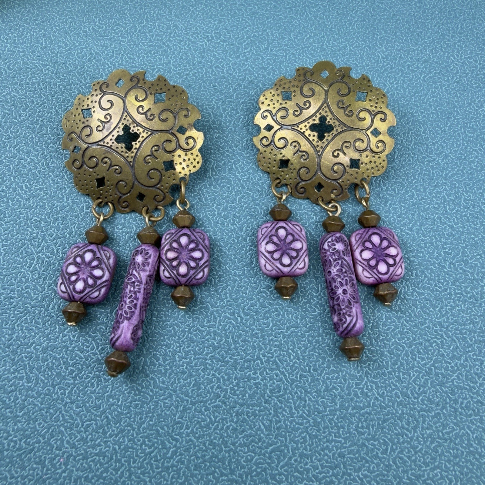 Vintage SIGNED JUN ✨ Boho Dangle Purple Brass Beaded Southwestern Gypsy EARRINGS