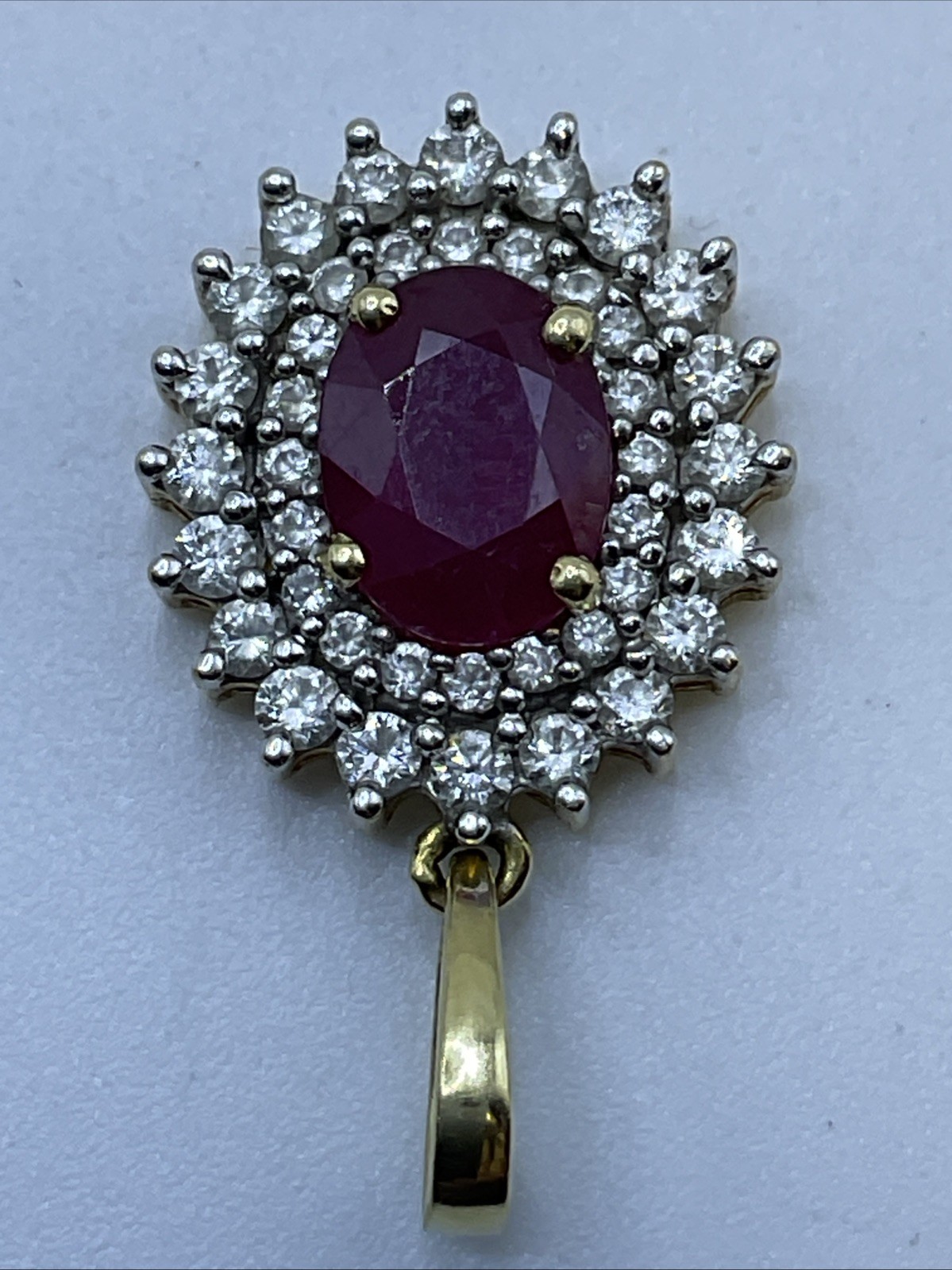 VINTAGE HANDMADE Solid 18K(750) Y.Gold Ruby & Diamonds DOUBLE HALO Style Pendant